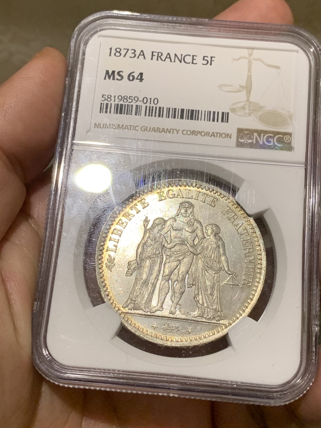 《竞宝斋》第55场-本周日，周一2场连拍（全场不限金额包邮） NGC-MS64 法国 1873年 大力神5法郎 银币 状态难得 底板一流