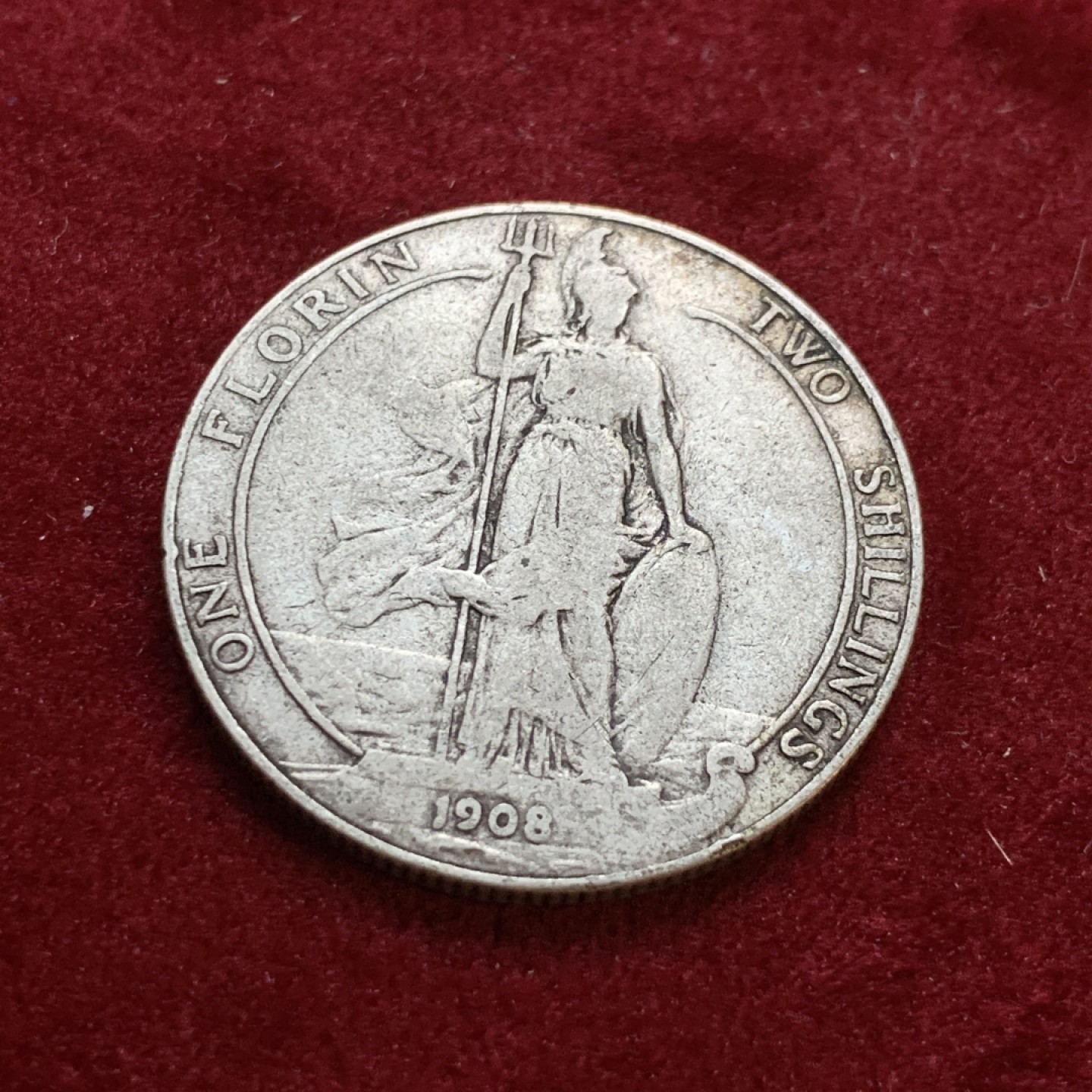 《竞宝斋》第55场-本周日，周一2场连拍（全场不限金额包邮） 英国 1908年 爱七 福林（2先令）海神 银币 不多见的年份