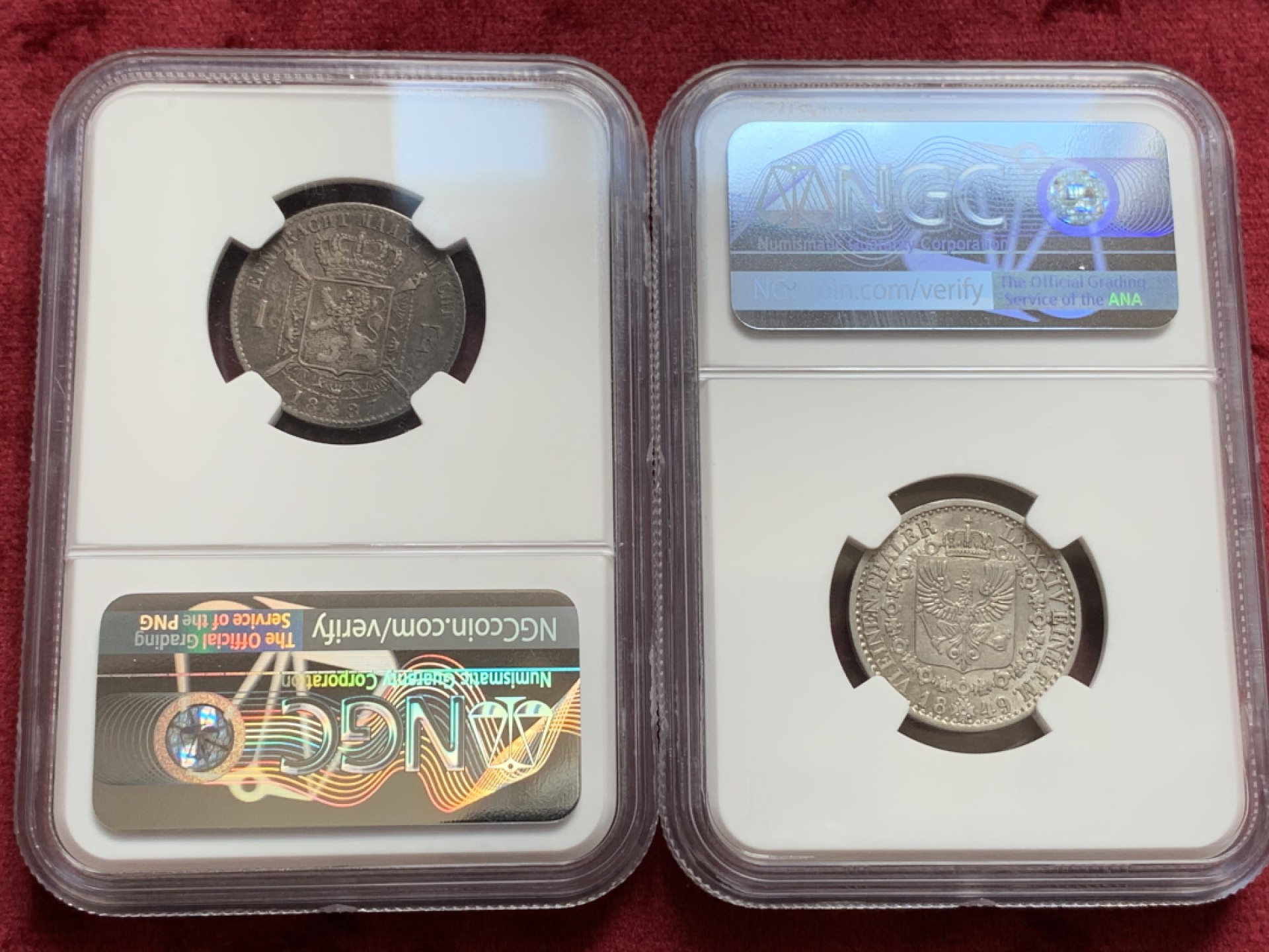 《竞宝斋》第55场-本周日，周一2场连拍（全场不限金额包邮） 比利时1法郎，普鲁士1/6泰勒评级银币2枚