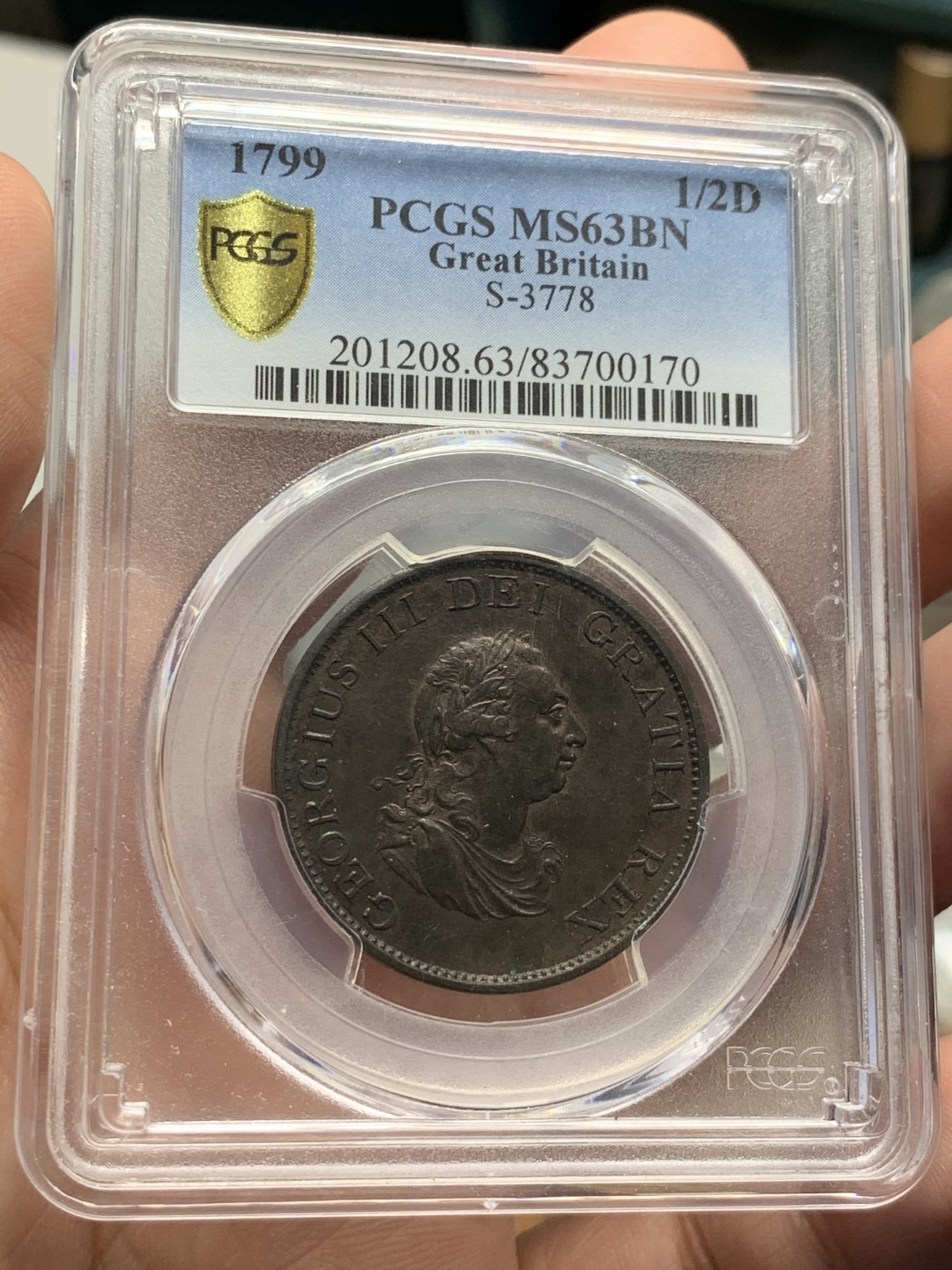 《竞宝斋》第55场-本周日，周一2场连拍（全场不限金额包邮） PCGS-MS63BN英国1799年乔治三世1/2便士