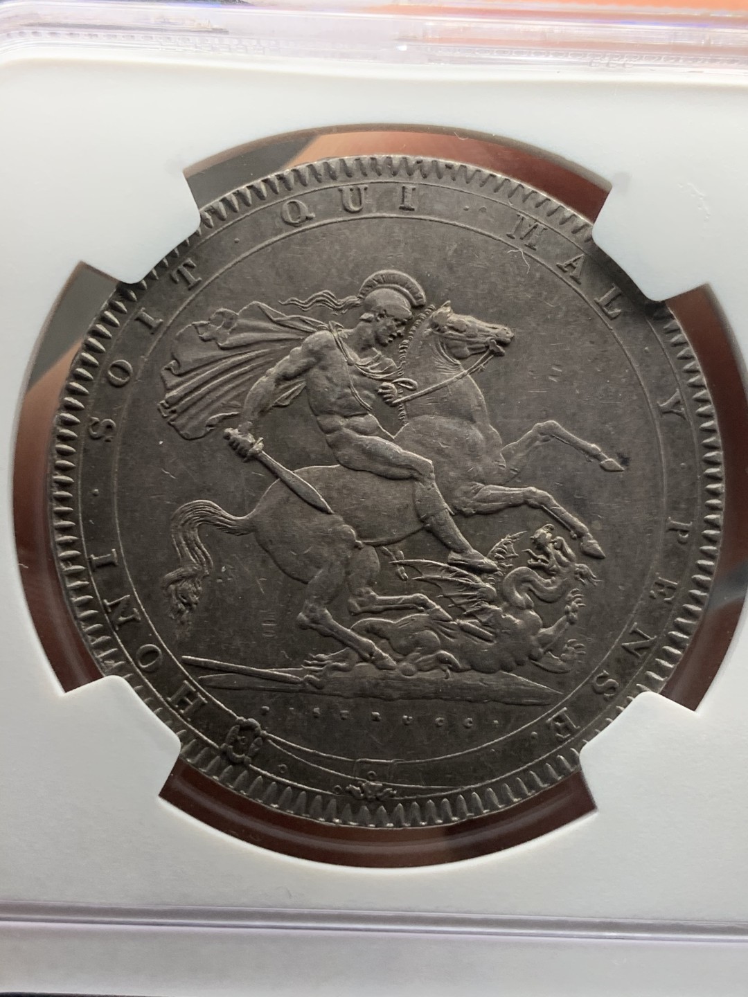 《竞宝斋》第55场-本周日，周一2场连拍（全场不限金额包邮） NGC AU55 1818 LVIII 乔治三世马剑克朗 原味好品 百年老包浆 味道一流