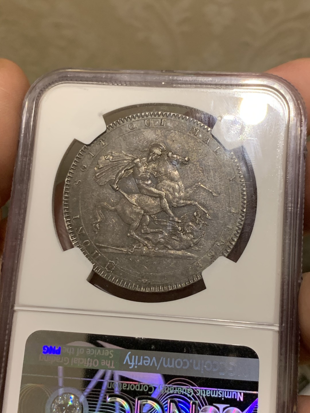 《竞宝斋》第55场-本周日，周一2场连拍（全场不限金额包邮） NGC AU55 1818 LVIII 乔治三世马剑克朗 原味好品 百年老包浆 味道一流