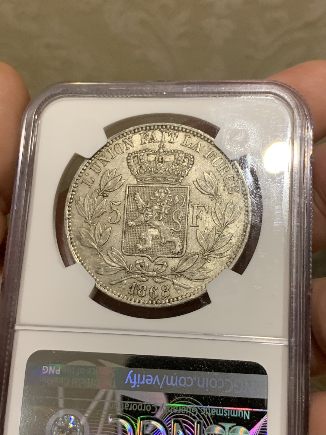 《竞宝斋》第55场-本周日，周一2场连拍（全场不限金额包邮） NGC-MS62 比利时 1868年 5法郎 利奥波德二世小头版 近期上涨品种 