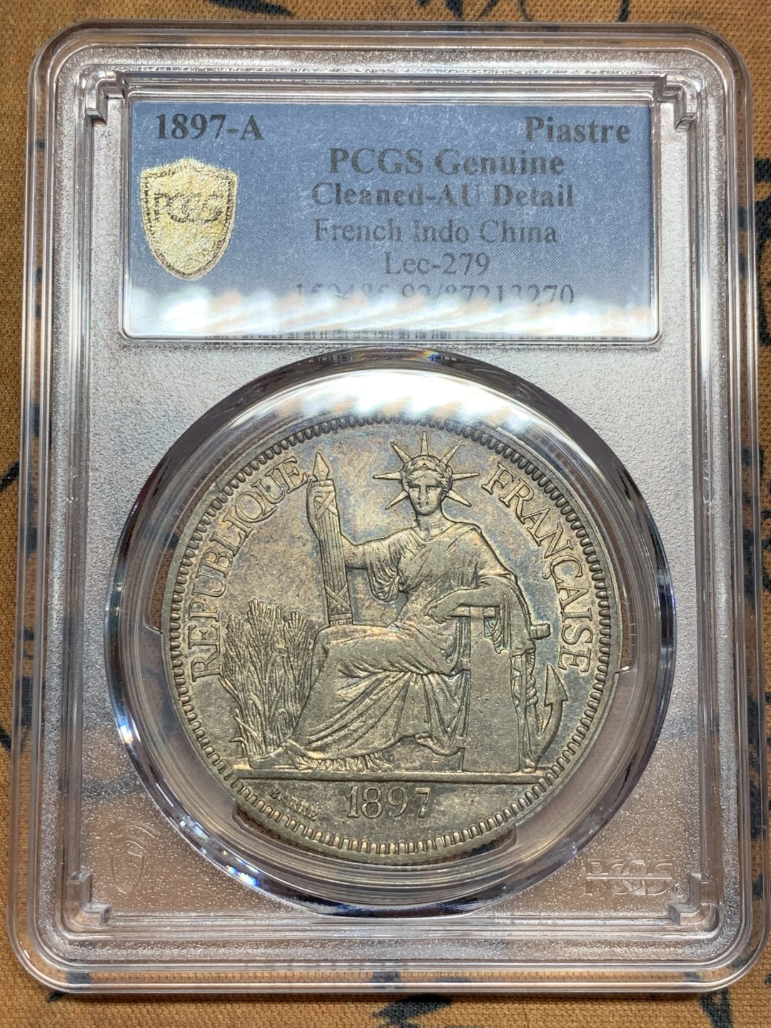 《竞宝斋》第55场-本周日，周一2场连拍（全场不限金额包邮） PCGS AUD 1897 法属印度支那1皮 银币 深彩包浆，难得状态