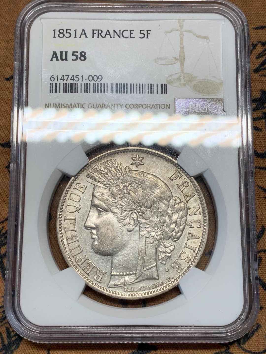 《竞宝斋》第55场-本周日，周一2场连拍（全场不限金额包邮） NGC-AU58 法国 1851年 5法郎 谷物女神银币 热门品种 