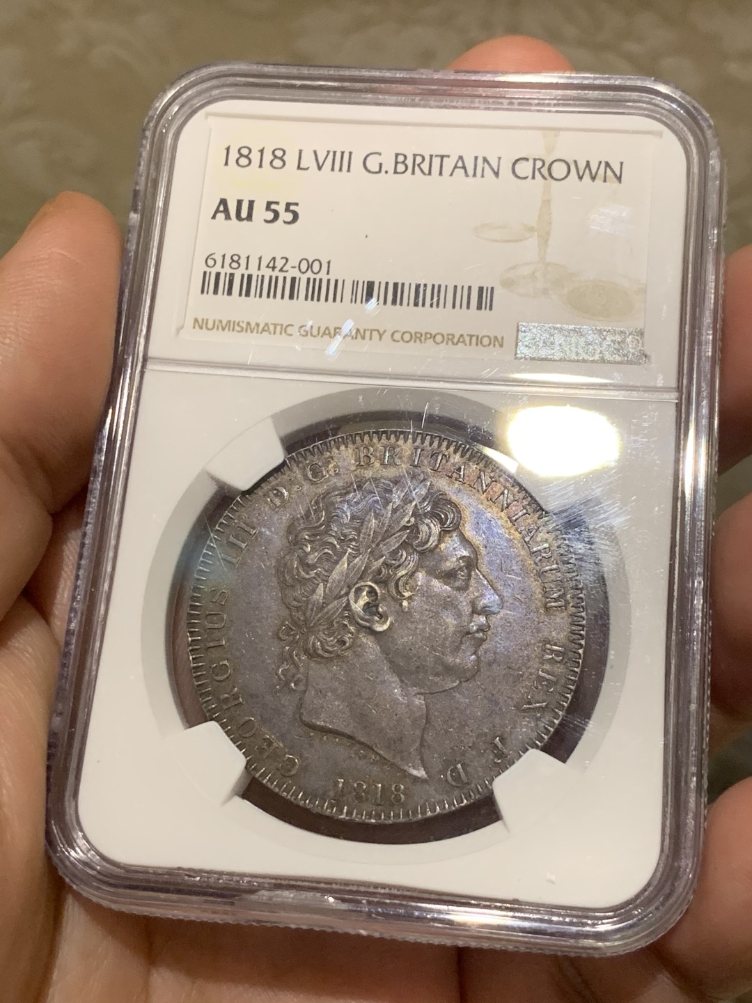 《竞宝斋》第55场-本周日，周一2场连拍（全场不限金额包邮） NGC AU55 1818 LVIII 乔治三世马剑克朗 原味好品 百年老包浆 味道一流