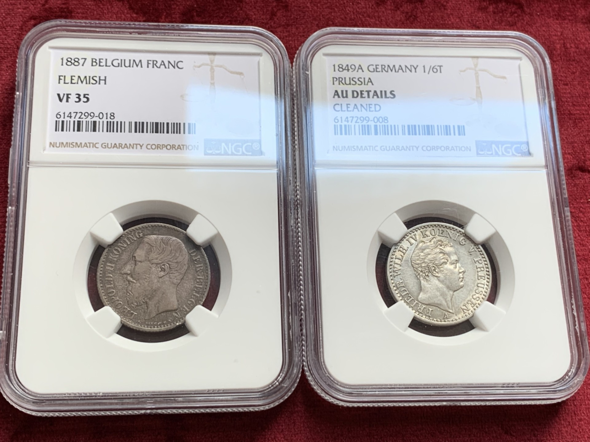 《竞宝斋》第55场-本周日，周一2场连拍（全场不限金额包邮） 比利时1法郎，普鲁士1/6泰勒评级银币2枚