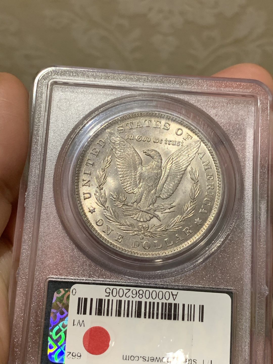 《竞宝斋》第55场-本周日，周一2场连拍（全场不限金额包邮） PCGS MS63 超级老绿盒！1884-O摩根一元 带SBP老标签 盒子本身保存极好，值得收藏