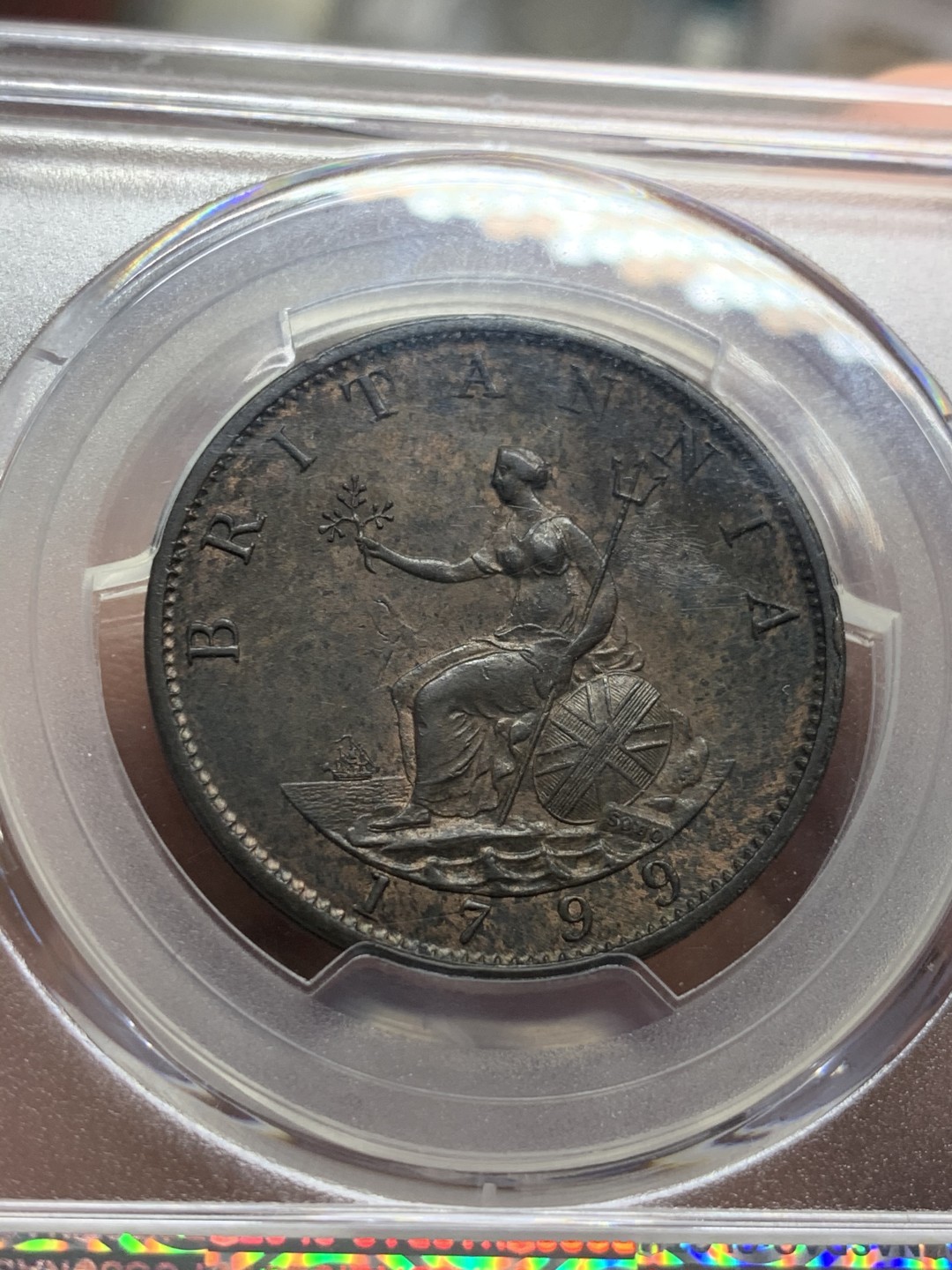 《竞宝斋》第55场-本周日，周一2场连拍（全场不限金额包邮） PCGS-MS63BN英国1799年乔治三世1/2便士