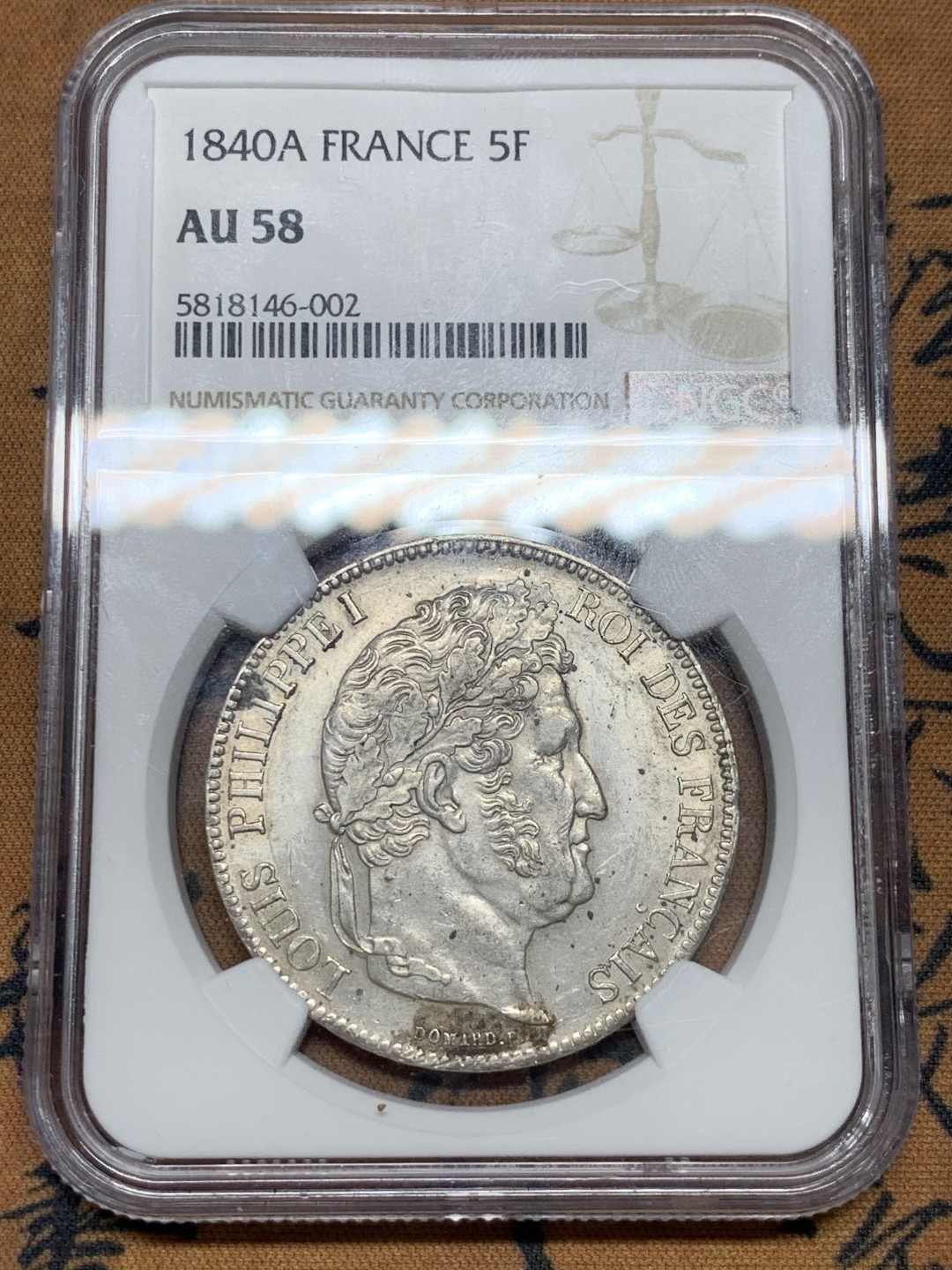 《竞宝斋》第55场-本周日，周一2场连拍（全场不限金额包邮） 亚军分！NGC-AU58 法国 1840年 5法郎 路易菲利普银币 好品难寻的品种