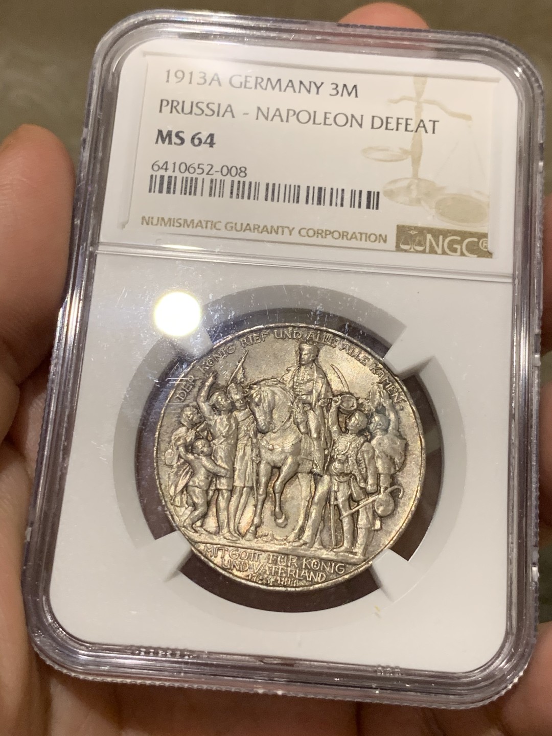 《竞宝斋》第55场-本周日，周一2场连拍（全场不限金额包邮） 1913年普鲁士普法战胜拿破仑三马克MS-64高评原味转光底板漂亮，原味+高分可遇不可求。
