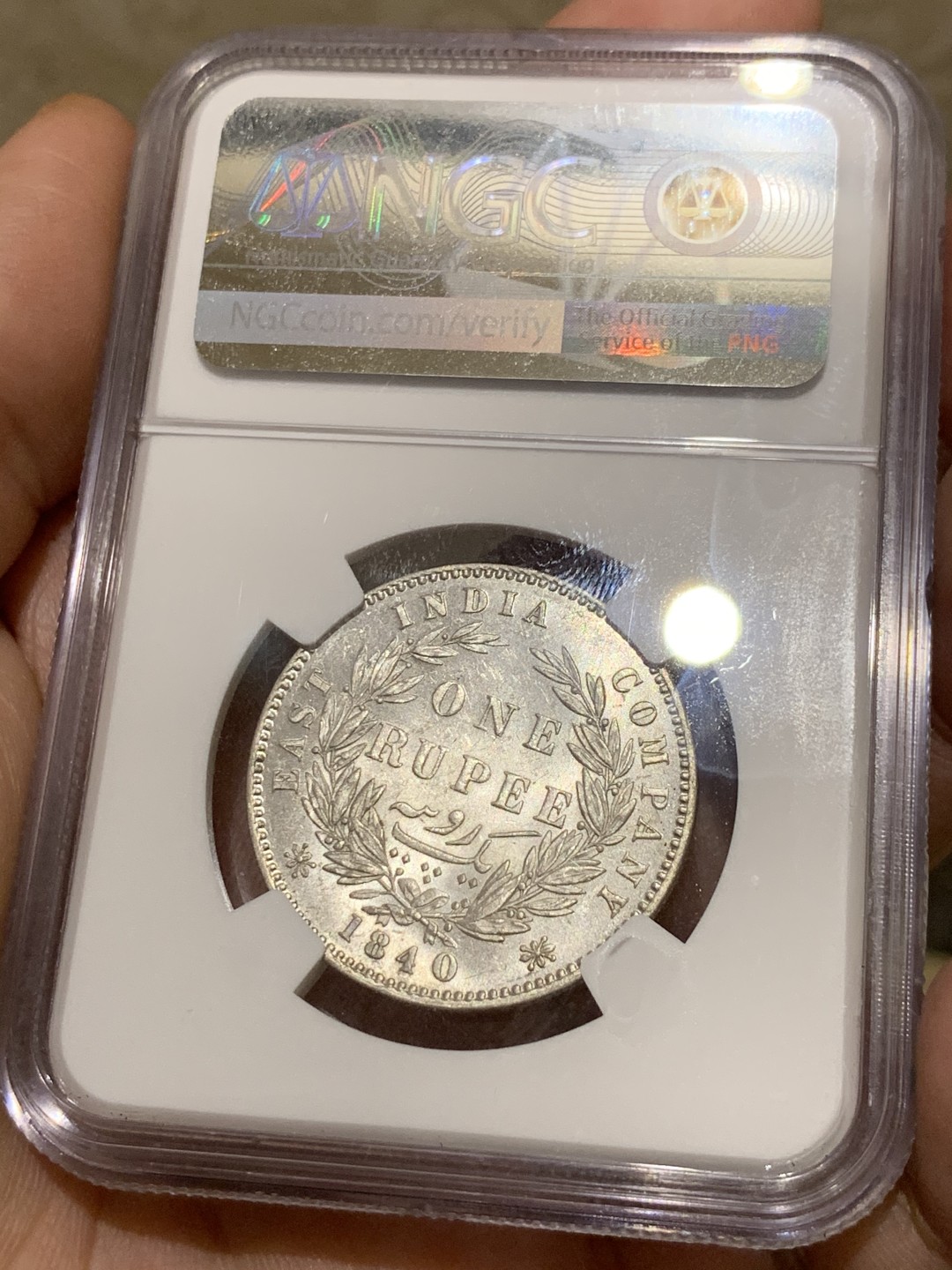 《竞宝斋》第55场-本周日，周一2场连拍（全场不限金额包邮） NGC-MS61 英属印度 1840年 1卢比 维多利亚女王双辫银币 状态极佳光度好，61分中的战斗机