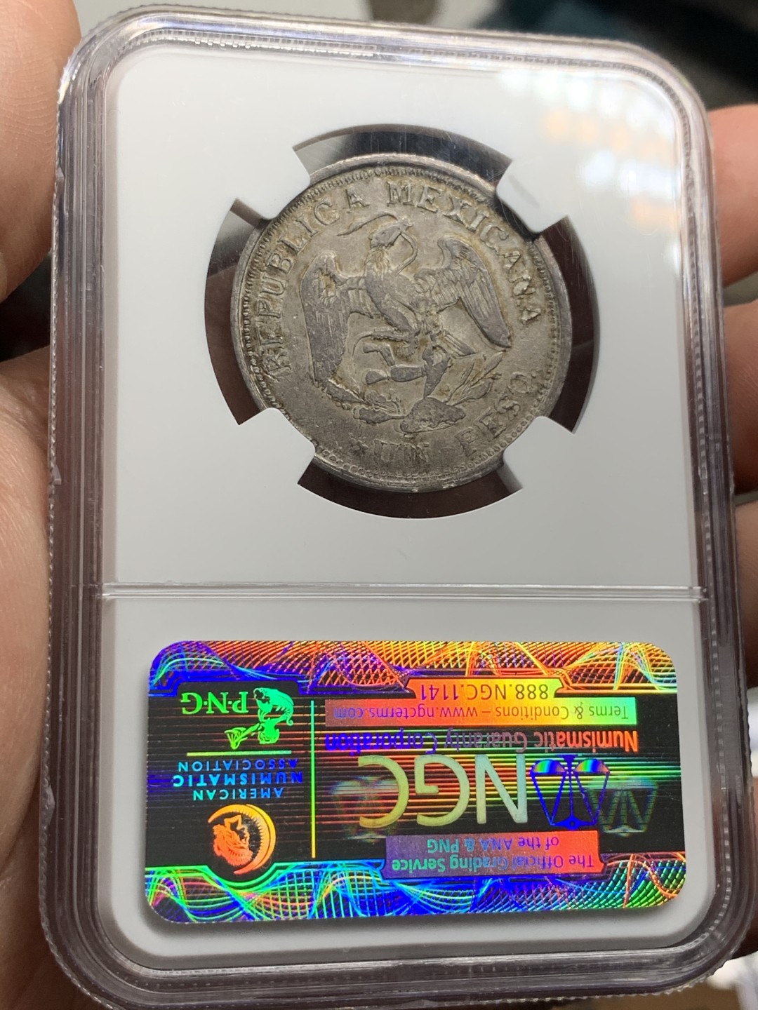 《竞宝斋》第55场-本周日，周一2场连拍（全场不限金额包邮） NGC-AU55 墨西哥 1914年 1比索 内战版含金鹰洋银币 含0.3克黄金 同分2018年就在ha拍出432美元