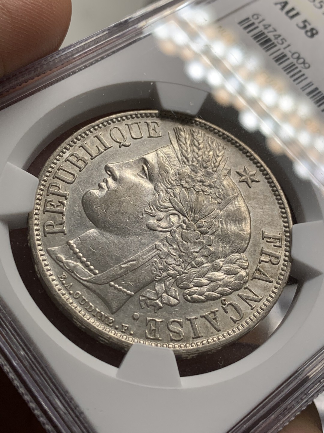 《竞宝斋》第55场-本周日，周一2场连拍（全场不限金额包邮） NGC-AU58 法国 1851年 5法郎 谷物女神银币 热门品种 