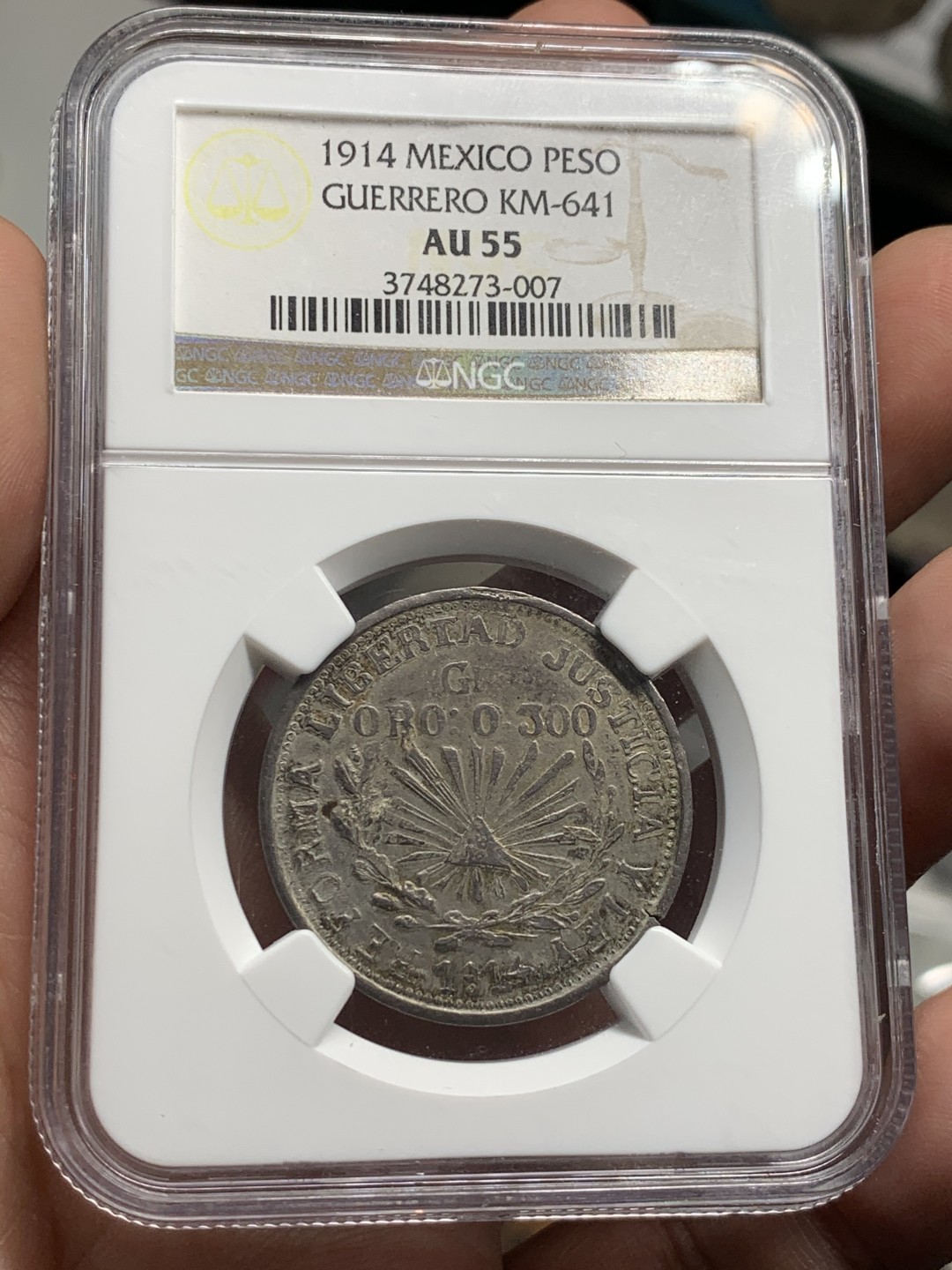 《竞宝斋》第55场-本周日，周一2场连拍（全场不限金额包邮） NGC-AU55 墨西哥 1914年 1比索 内战版含金鹰洋银币 含0.3克黄金 同分2018年就在ha拍出432美元