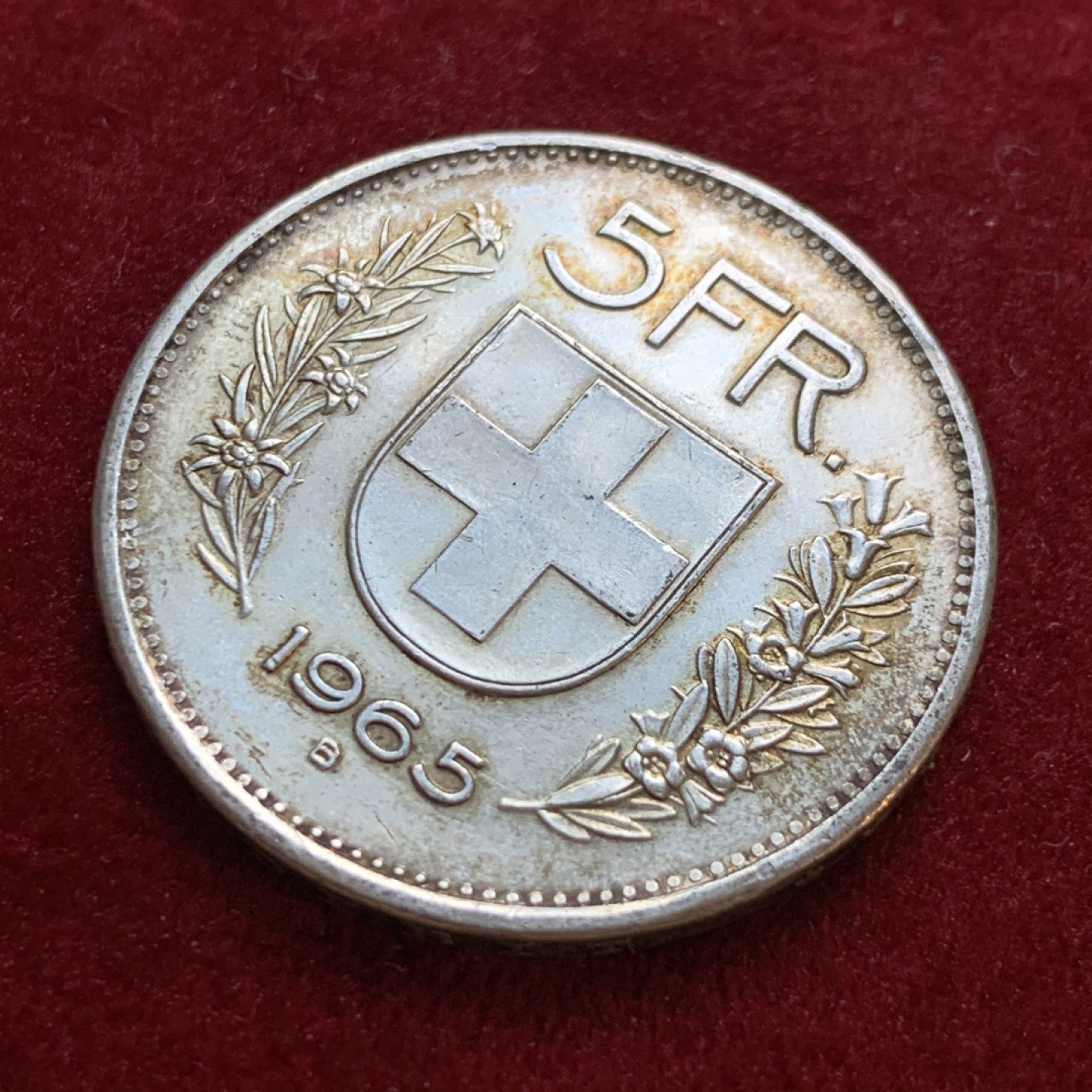 《竞宝斋》第55场-本周日，周一2场连拍（全场不限金额包邮） 瑞士 1965年 5法郎银币 原味深包浆 值得收藏