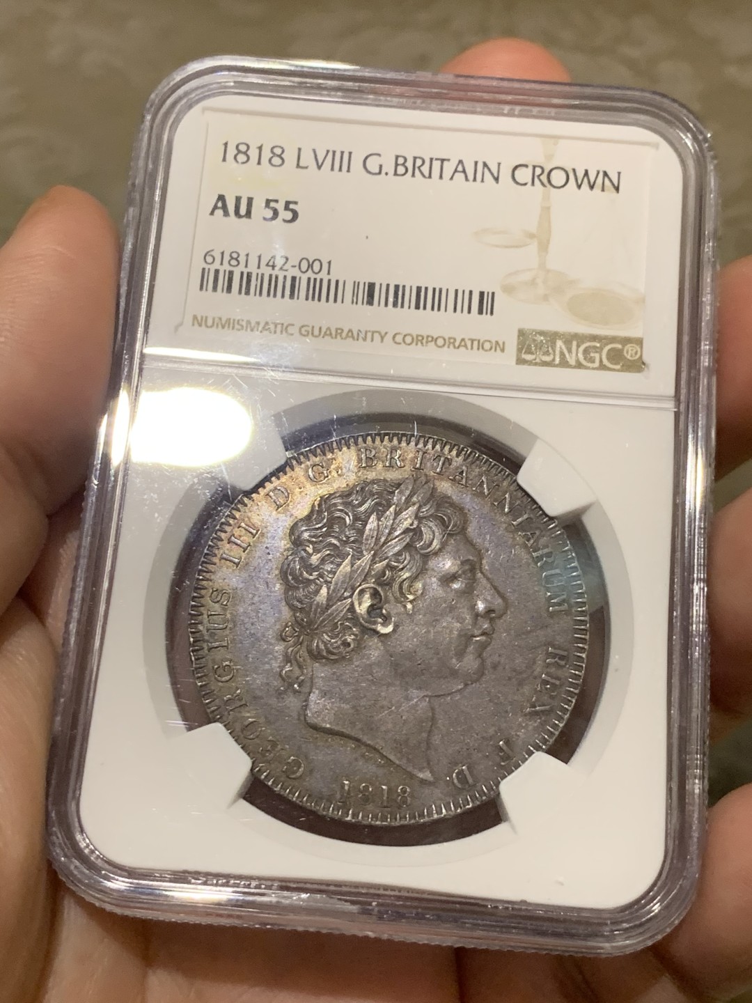 《竞宝斋》第55场-本周日，周一2场连拍（全场不限金额包邮） NGC AU55 1818 LVIII 乔治三世马剑克朗 原味好品 百年老包浆 味道一流
