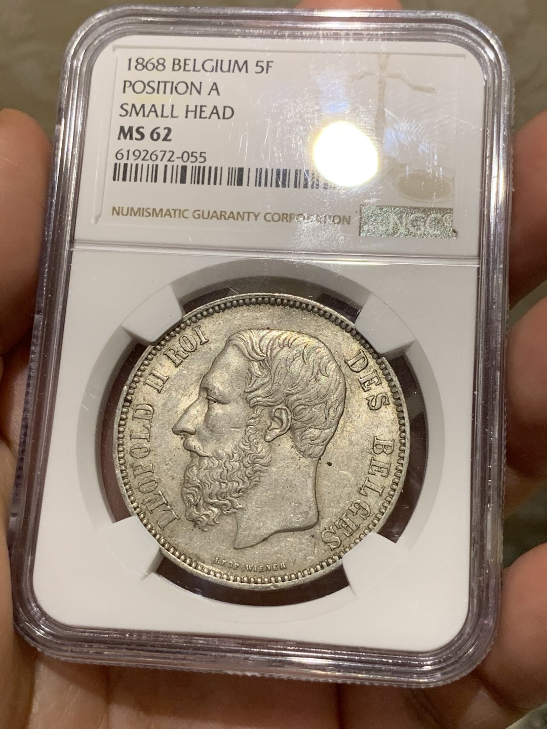 《竞宝斋》第55场-本周日，周一2场连拍（全场不限金额包邮） NGC-MS62 比利时 1868年 5法郎 利奥波德二世小头版 近期上涨品种 