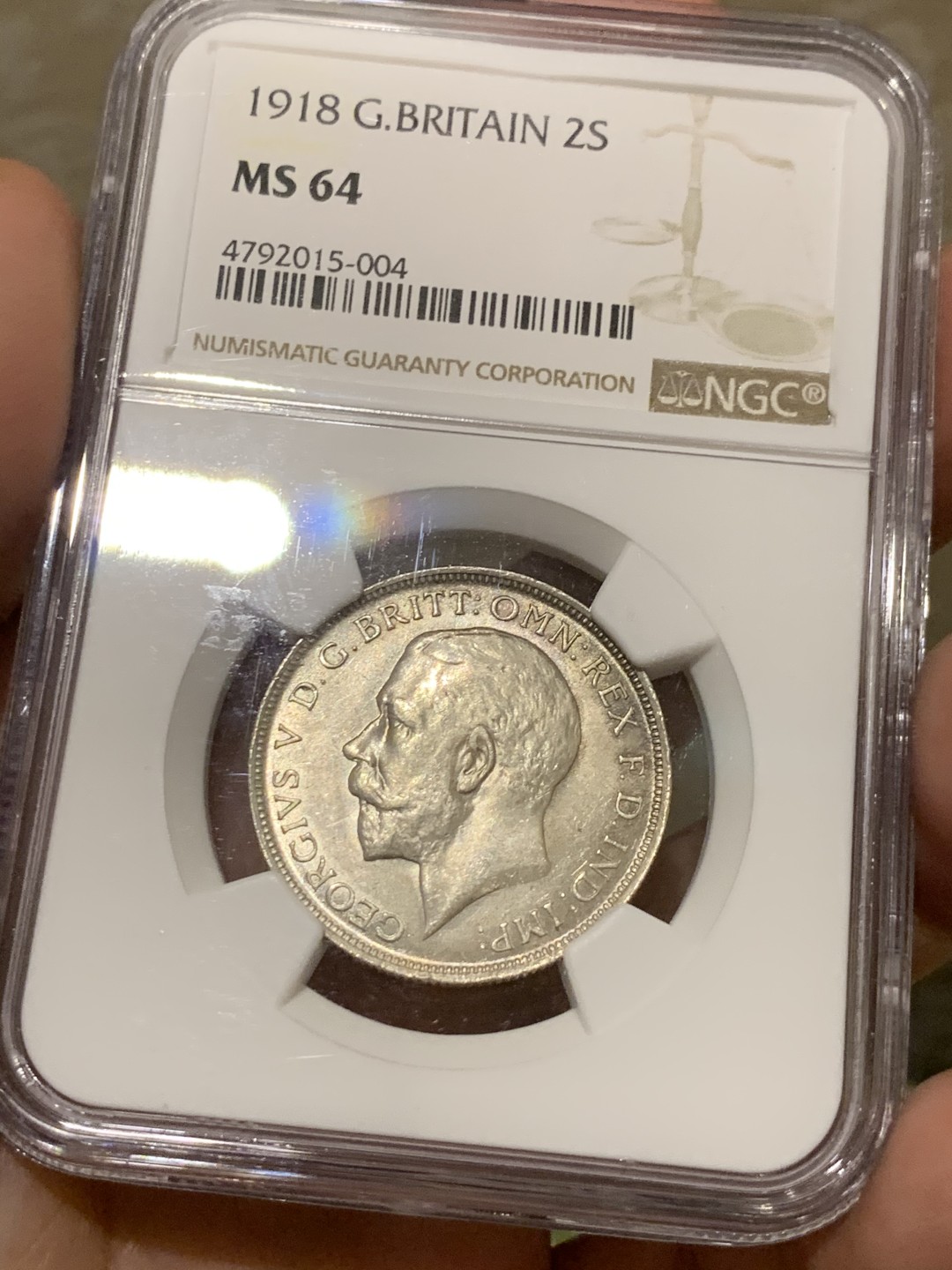 《竞宝斋》第55场-本周日，周一2场连拍（全场不限金额包邮） NGC MS64 1918年英国乔治五世弗洛林 高银板非常少见 更高分仅三枚！