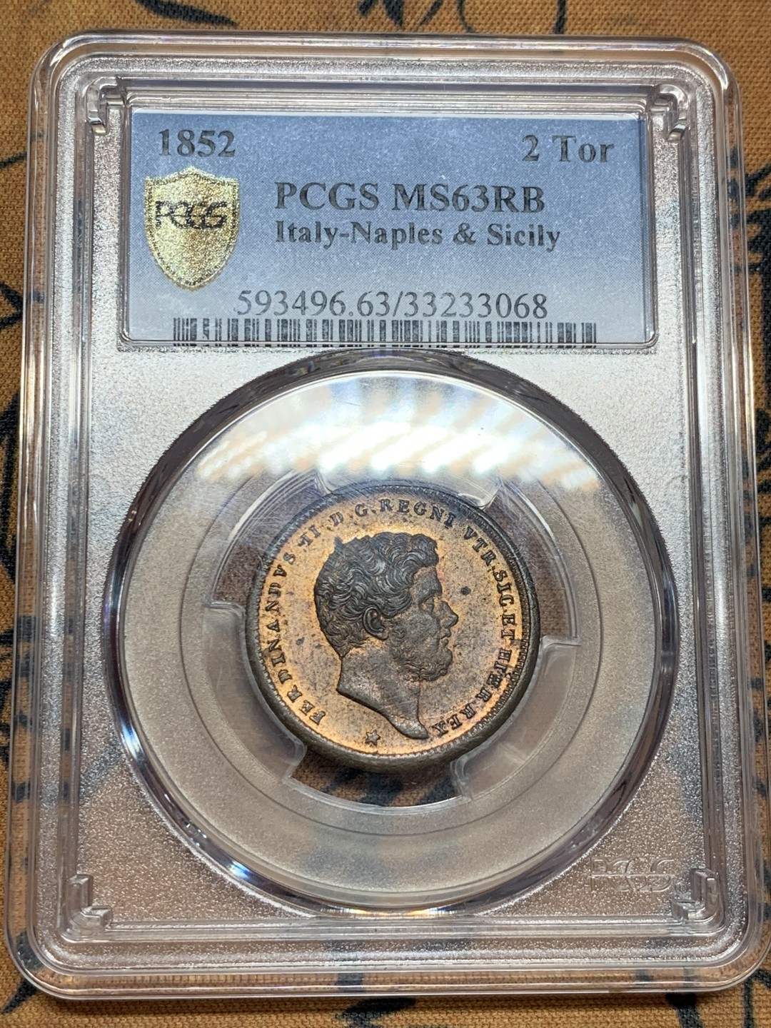 《竞宝斋》第55场-本周日，周一2场连拍（全场不限金额包邮） PCGS-MS63RB 意大利那不勒斯和西西里1852年2Tor 冠军 