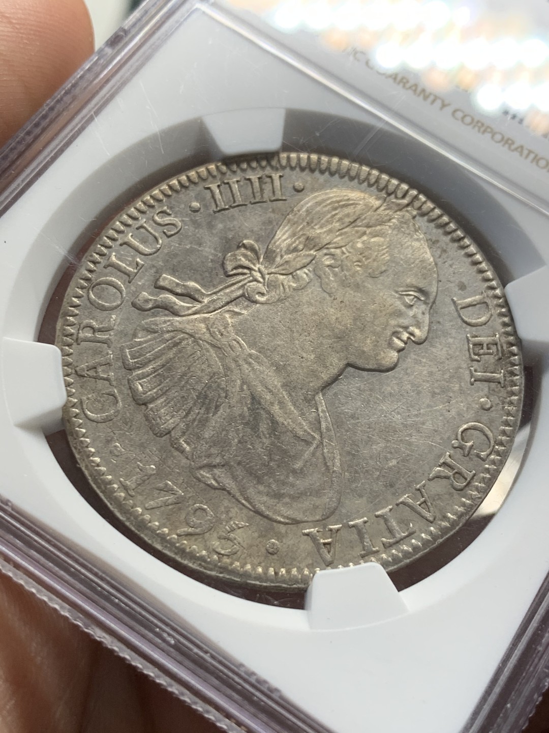 《竞宝斋》第55场-本周日，周一2场连拍（全场不限金额包邮） NGC-AU58  墨西哥双柱 卡洛斯四世  1795  8 里亚尔 卡四早期 好品少  原味深打