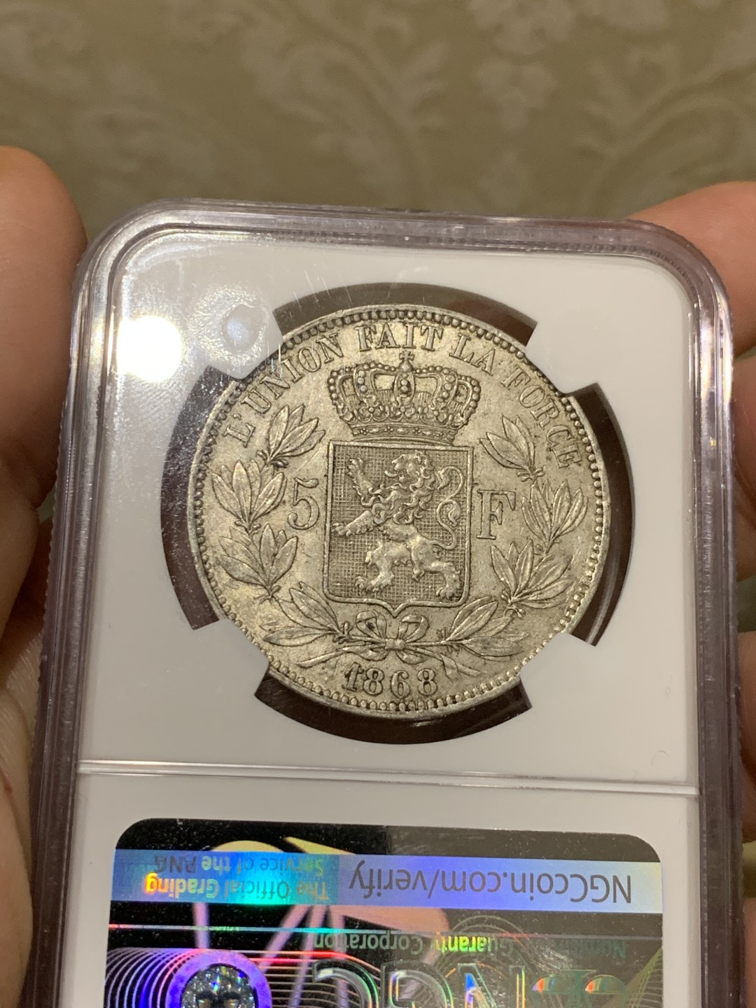 《竞宝斋》第55场-本周日，周一2场连拍（全场不限金额包邮） NGC-MS62 比利时 1868年 5法郎 利奥波德二世小头版 近期上涨品种 