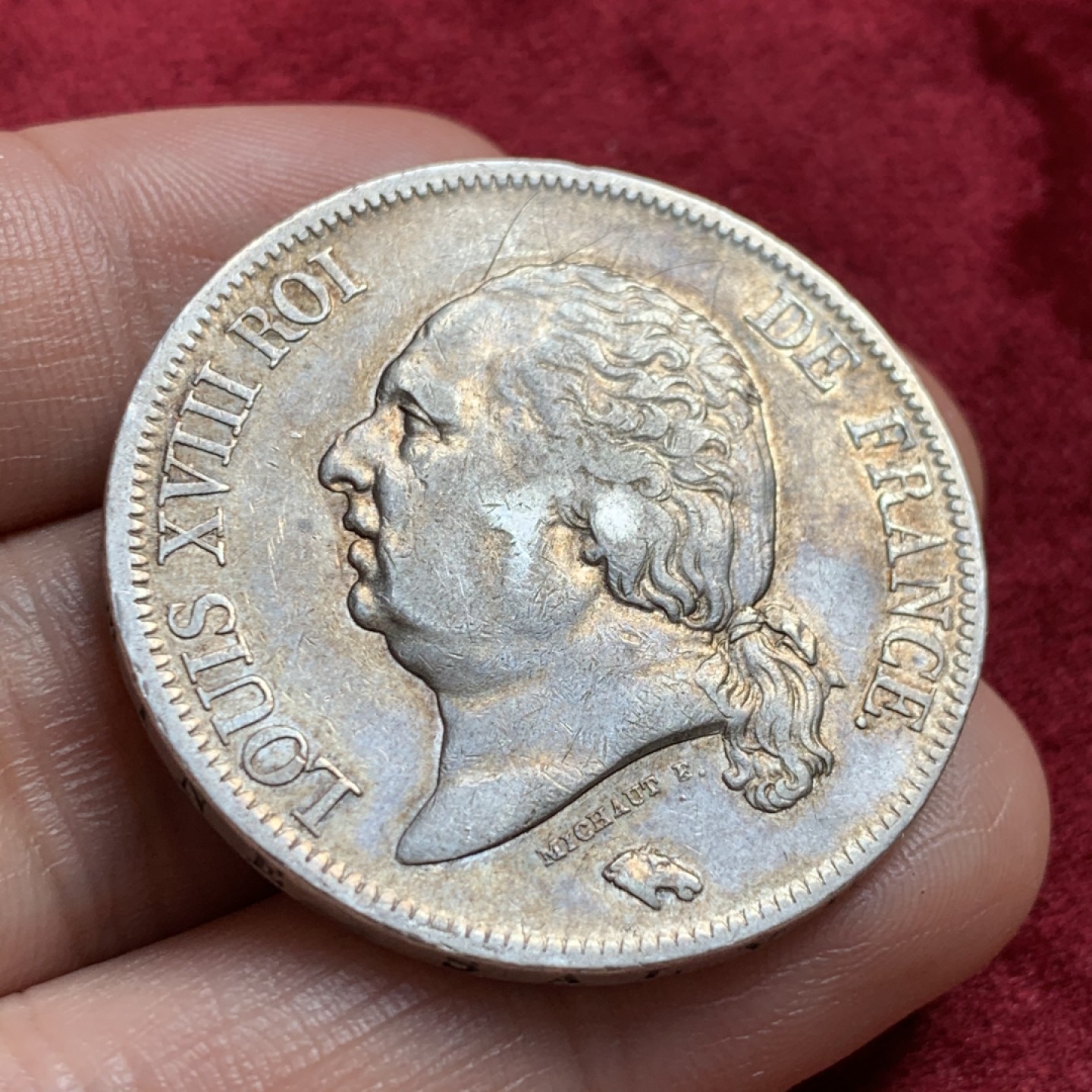 《竞宝斋》第55场-本周日，周一2场连拍（全场不限金额包邮） 法国1819年路易十八5法郎B版 大银币 细节见图