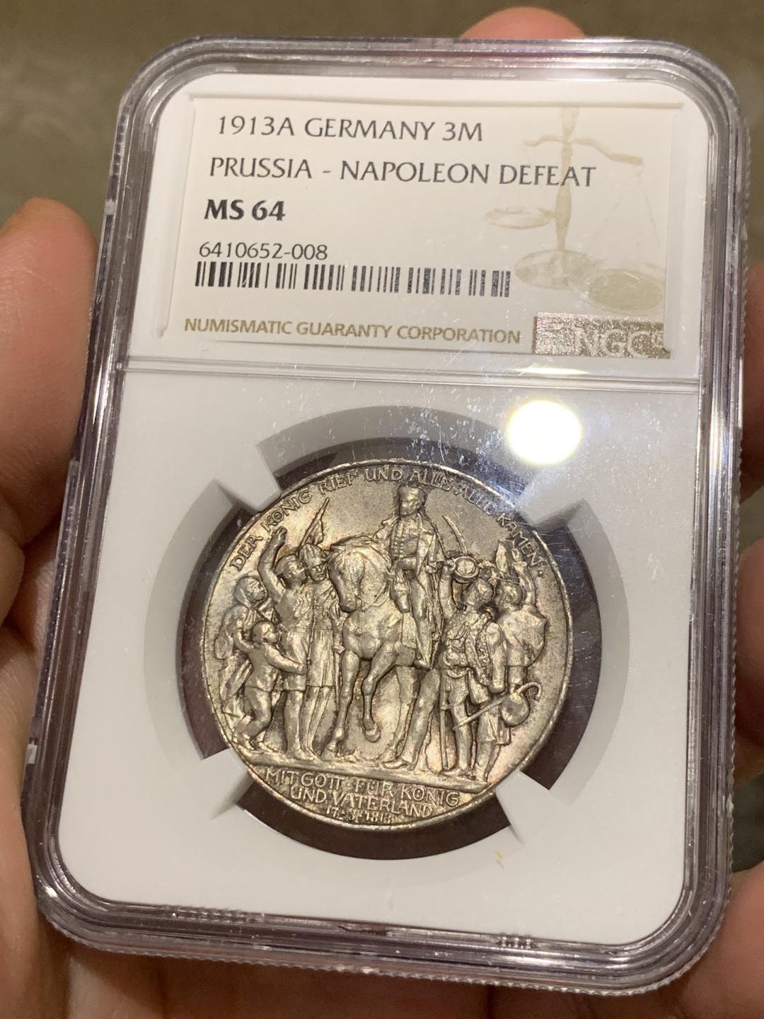 《竞宝斋》第55场-本周日，周一2场连拍（全场不限金额包邮） 1913年普鲁士普法战胜拿破仑三马克MS-64高评原味转光底板漂亮，原味+高分可遇不可求。