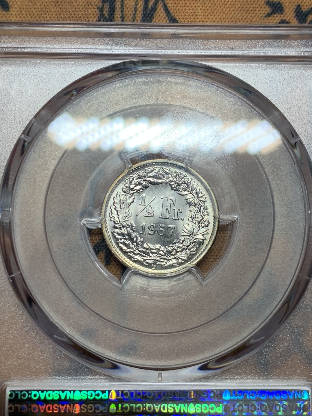 《竞宝斋》第55场-本周日，周一2场连拍（全场不限金额包邮） PCGS MS68 1967B 半法郎银币 极限品相