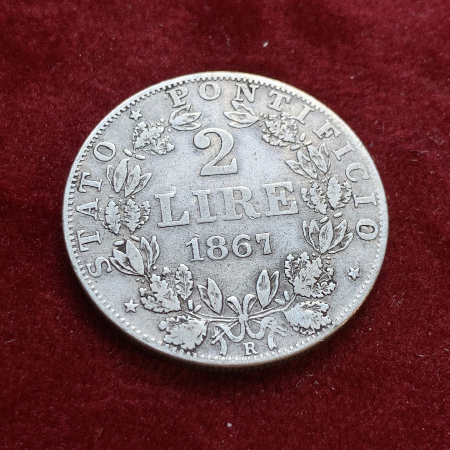 《竞宝斋》第55场-本周日，周一2场连拍（全场不限金额包邮） 梵蒂冈 教皇国 1867年 2里拉 银币 原味包浆 细节清晰