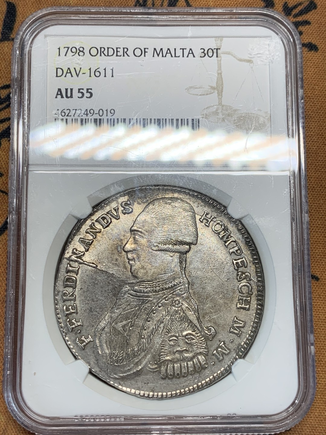 《竞宝斋》第55场-本周日，周一2场连拍（全场不限金额包邮） NGC-AU55 1798年马耳他骑士团30塔里银币 铸造量仅207枚，人像面是末代大团长斐迪南·冯·洪佩施，之后马耳他骑士团再无国土