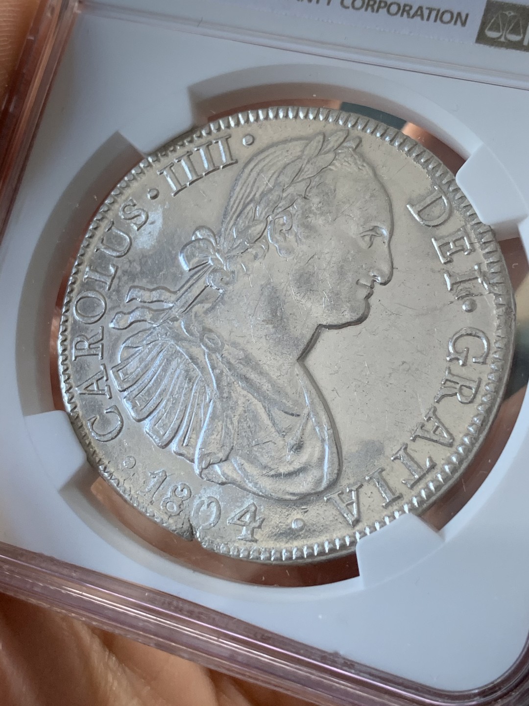 《竞宝斋》第55场-本周日，周一2场连拍（全场不限金额包邮） NGC-AUD  墨西哥双柱 卡洛斯四世  1804  8 里亚尔  白净深打  外拍都是200刀起