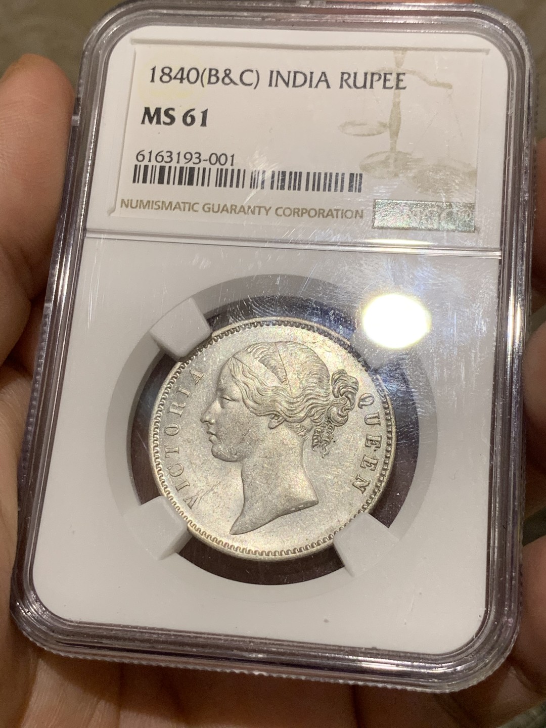 《竞宝斋》第55场-本周日，周一2场连拍（全场不限金额包邮） NGC-MS61 英属印度 1840年 1卢比 维多利亚女王双辫银币 状态极佳光度好，61分中的战斗机