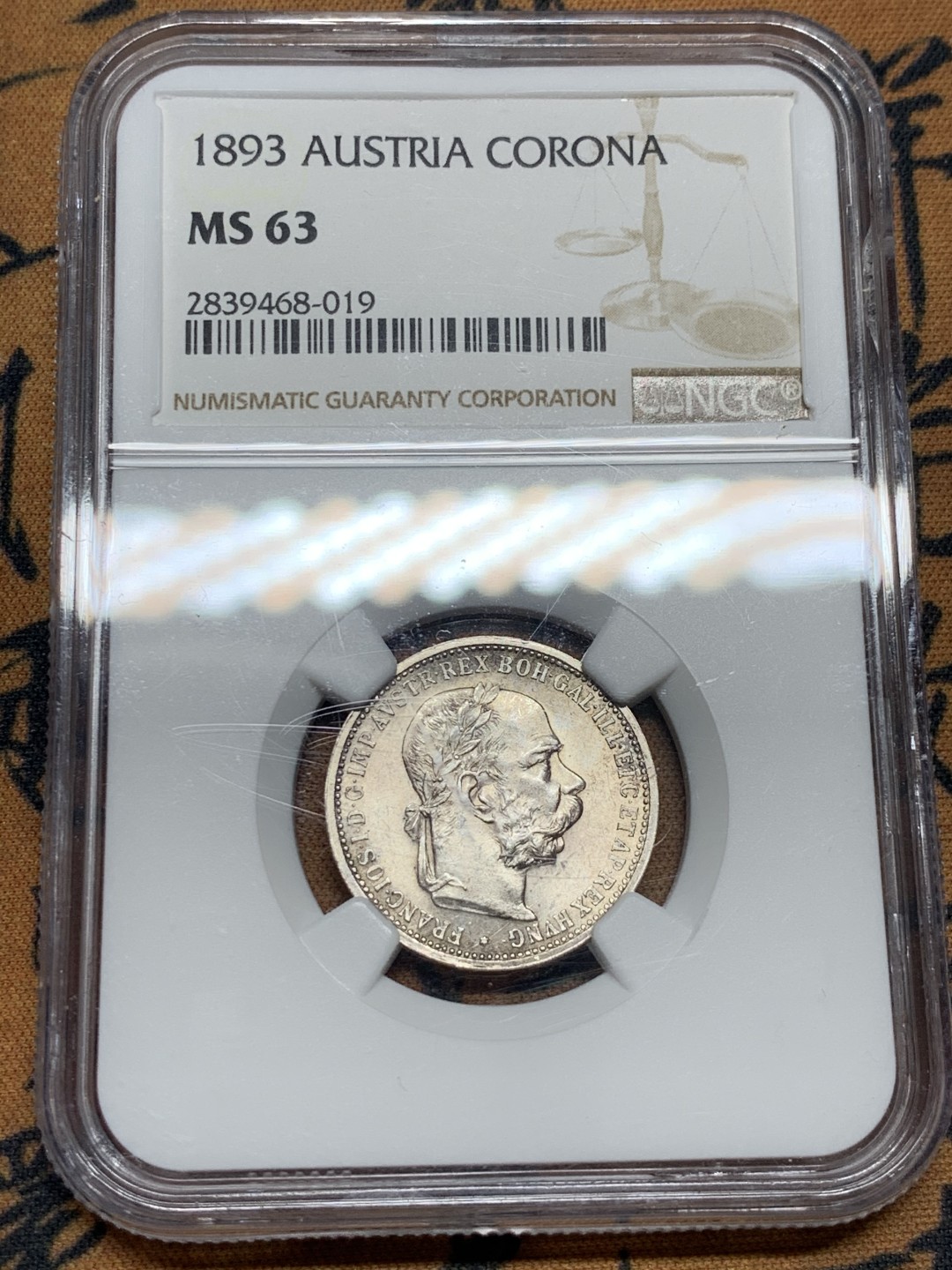 《竞宝斋》第55场-本周日，周一2场连拍（全场不限金额包邮） NGC MS63 奥匈帝国 1893年 1科罗娜银币