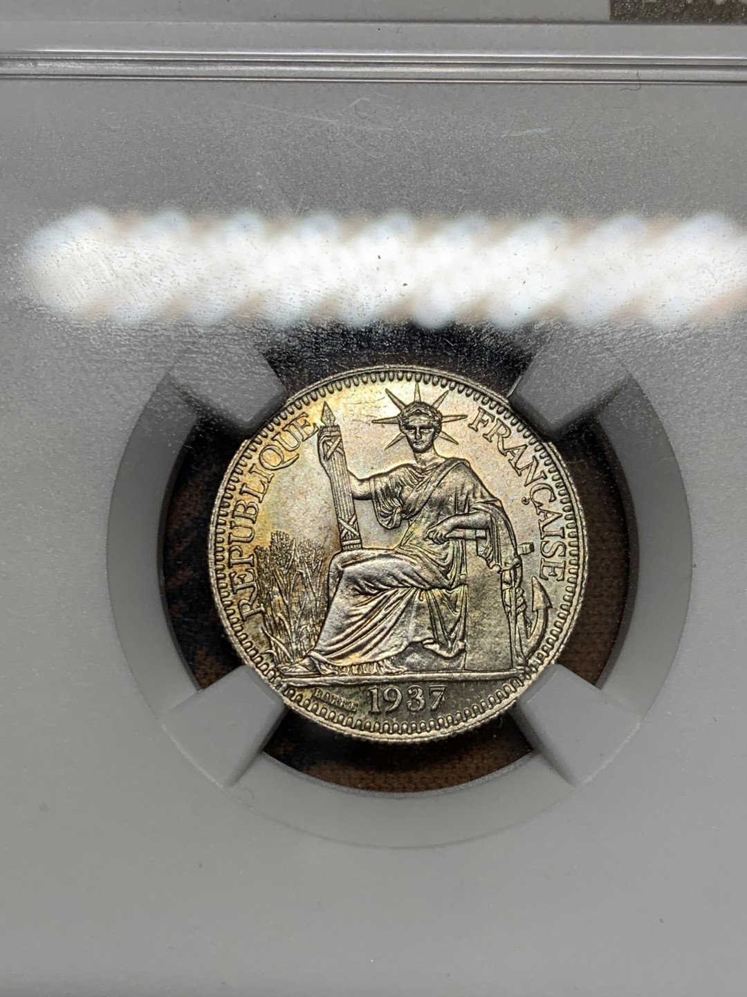 《竞宝斋》第55场-本周日，周一2场连拍（全场不限金额包邮） NGC UNC D 法属印度支那1937年10分银币 细节突出