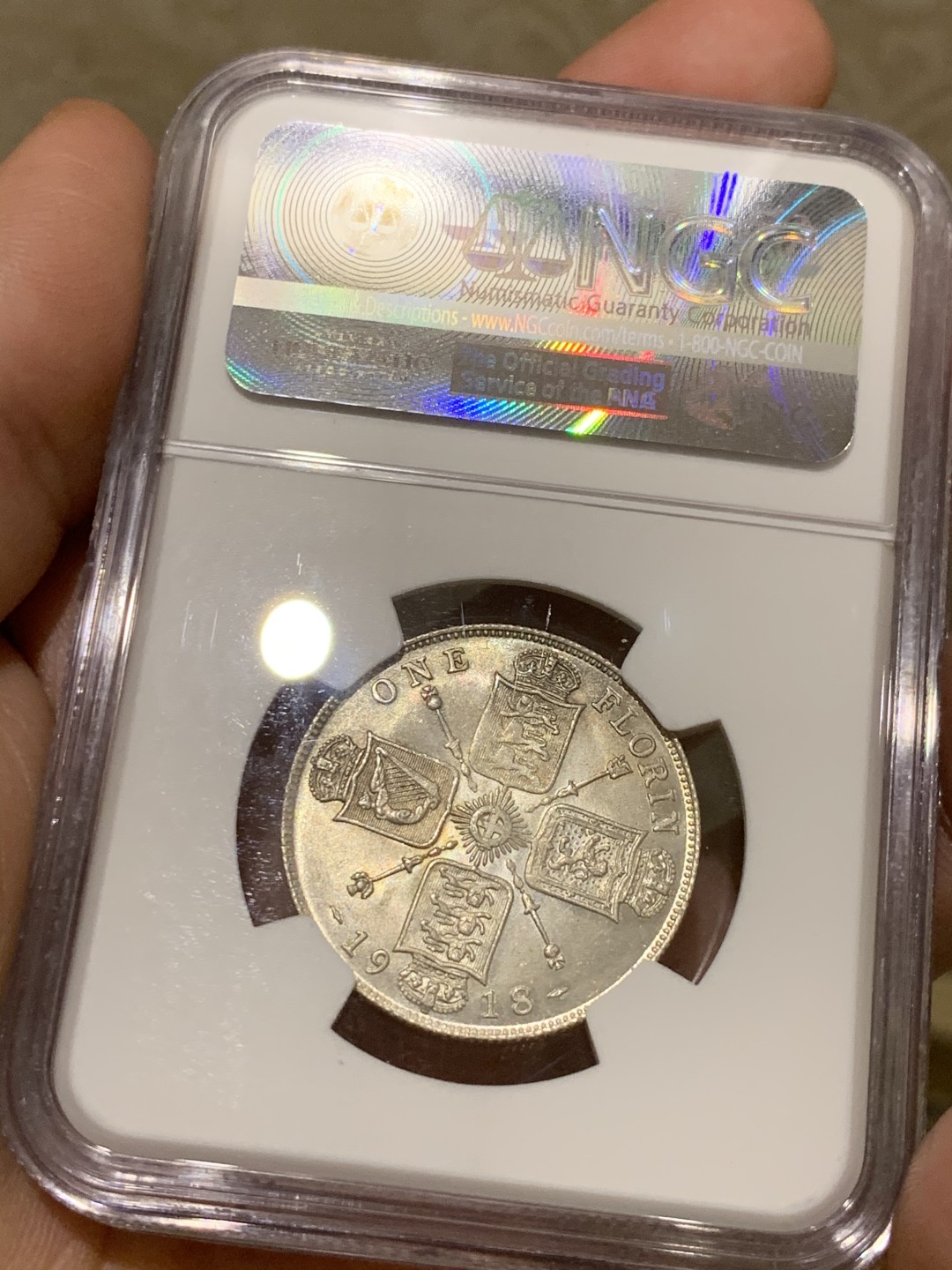 《竞宝斋》第55场-本周日，周一2场连拍（全场不限金额包邮） NGC MS64 1918年英国乔治五世弗洛林 高银板非常少见 更高分仅三枚！