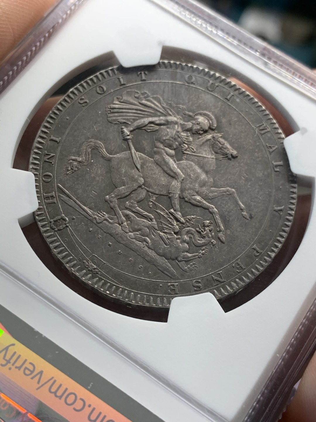 《竞宝斋》第55场-本周日，周一2场连拍（全场不限金额包邮） NGC AU55 1818 LVIII 乔治三世马剑克朗 原味好品 百年老包浆 味道一流