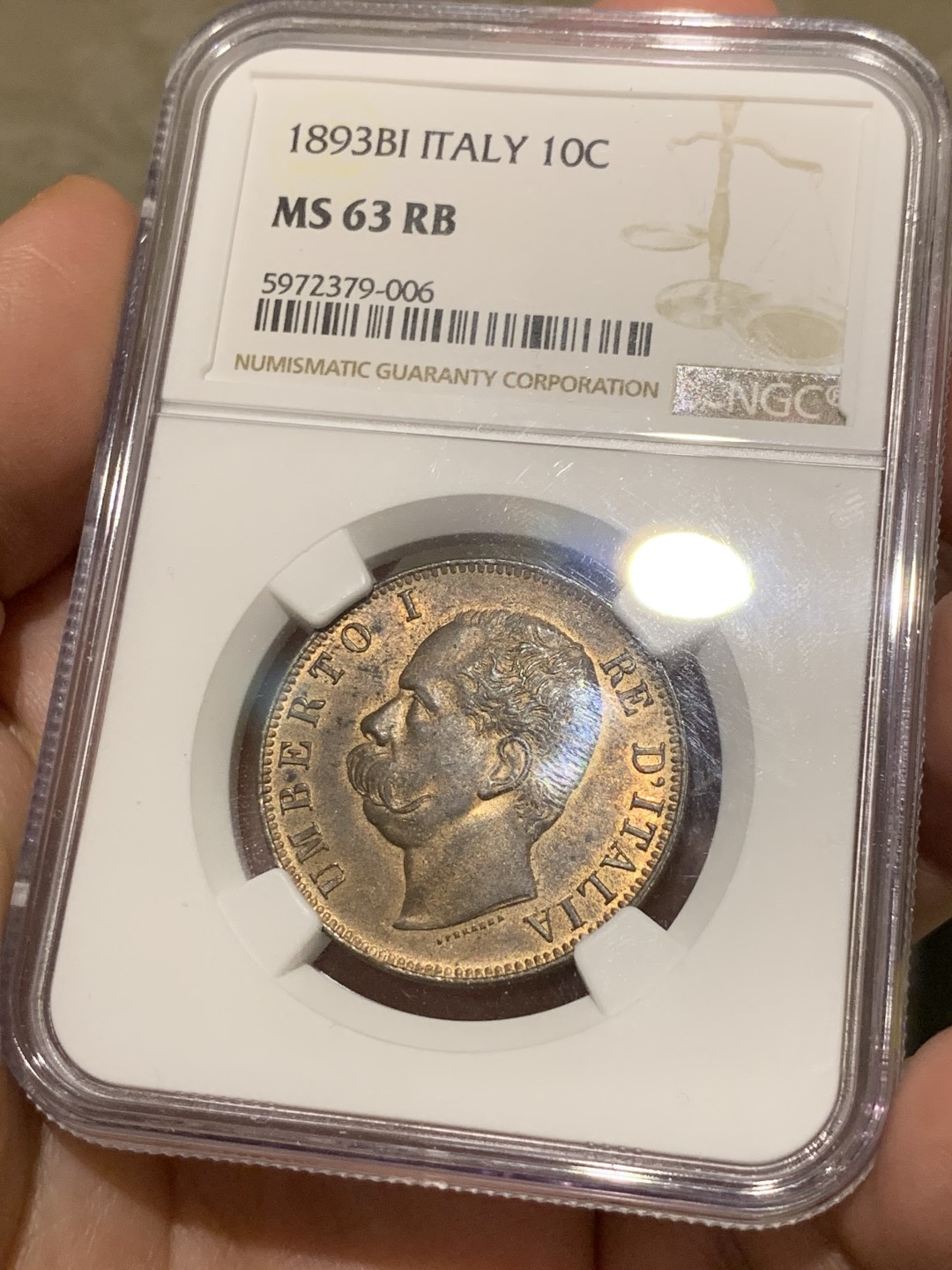 《竞宝斋》第55场-本周日，周一2场连拍（全场不限金额包邮） NGC-MS63RB 意大利1893BI 10分 季军 铜光充沛