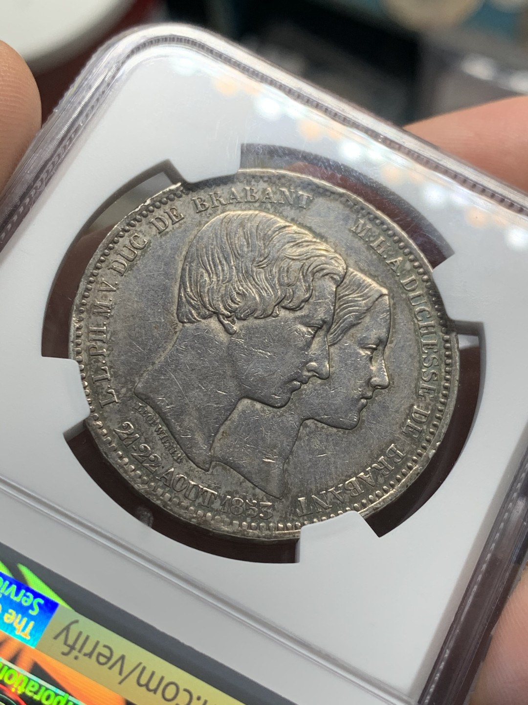 《竞宝斋》第55场-本周日，周一2场连拍（全场不限金额包邮） 1853年比利时利奥波德一世布拉班特公国皇家婚礼5法郎原味稀少品大银。铸造仅32000件，NGC-AU DETAILS