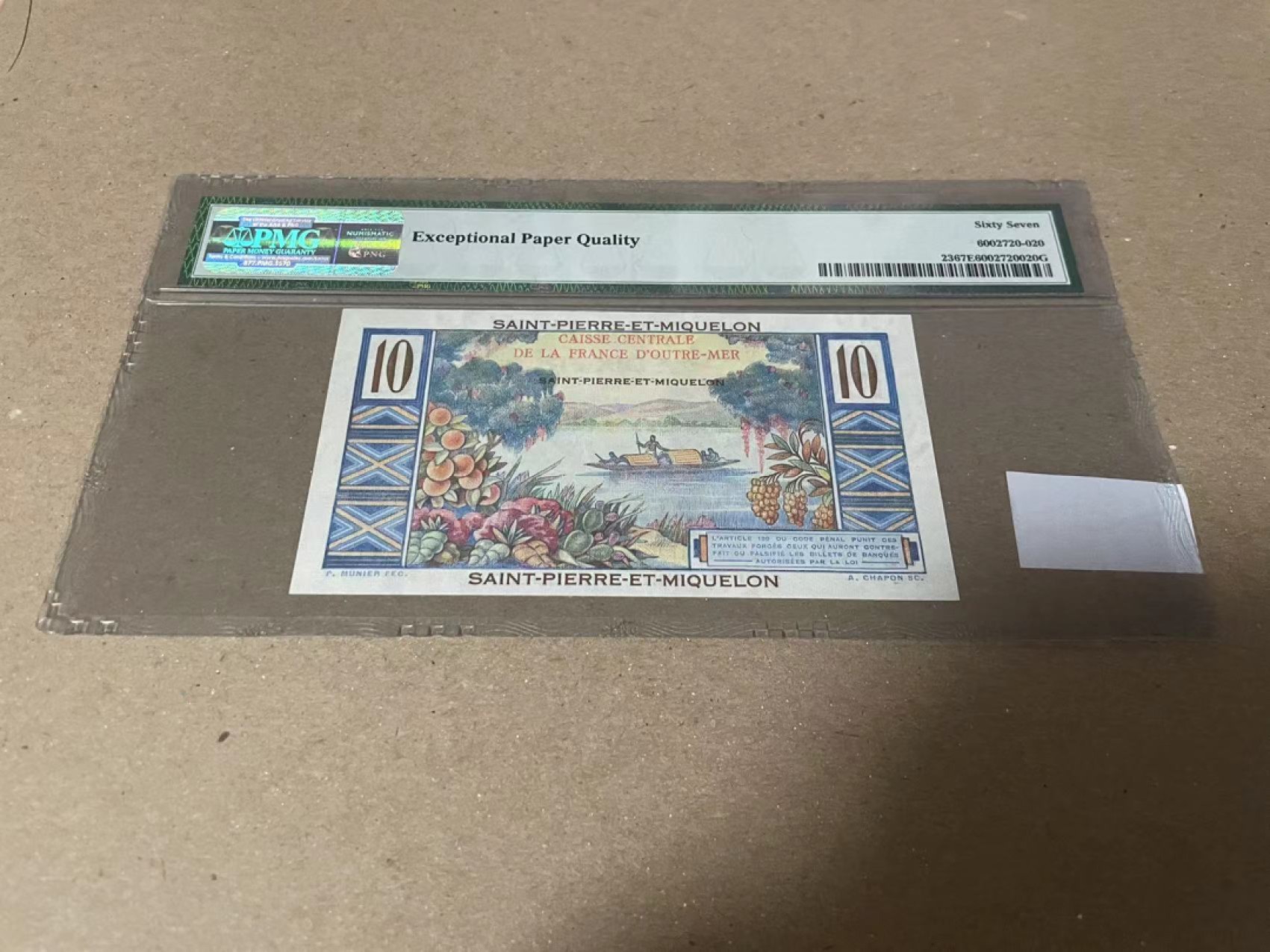 【Blue Auction】✨世界纸币精拍第182期——狮城巨轮（共78拍） 【冠军分】圣皮埃尔和密克隆 1950-60年10法郎 PMG67EPQ 