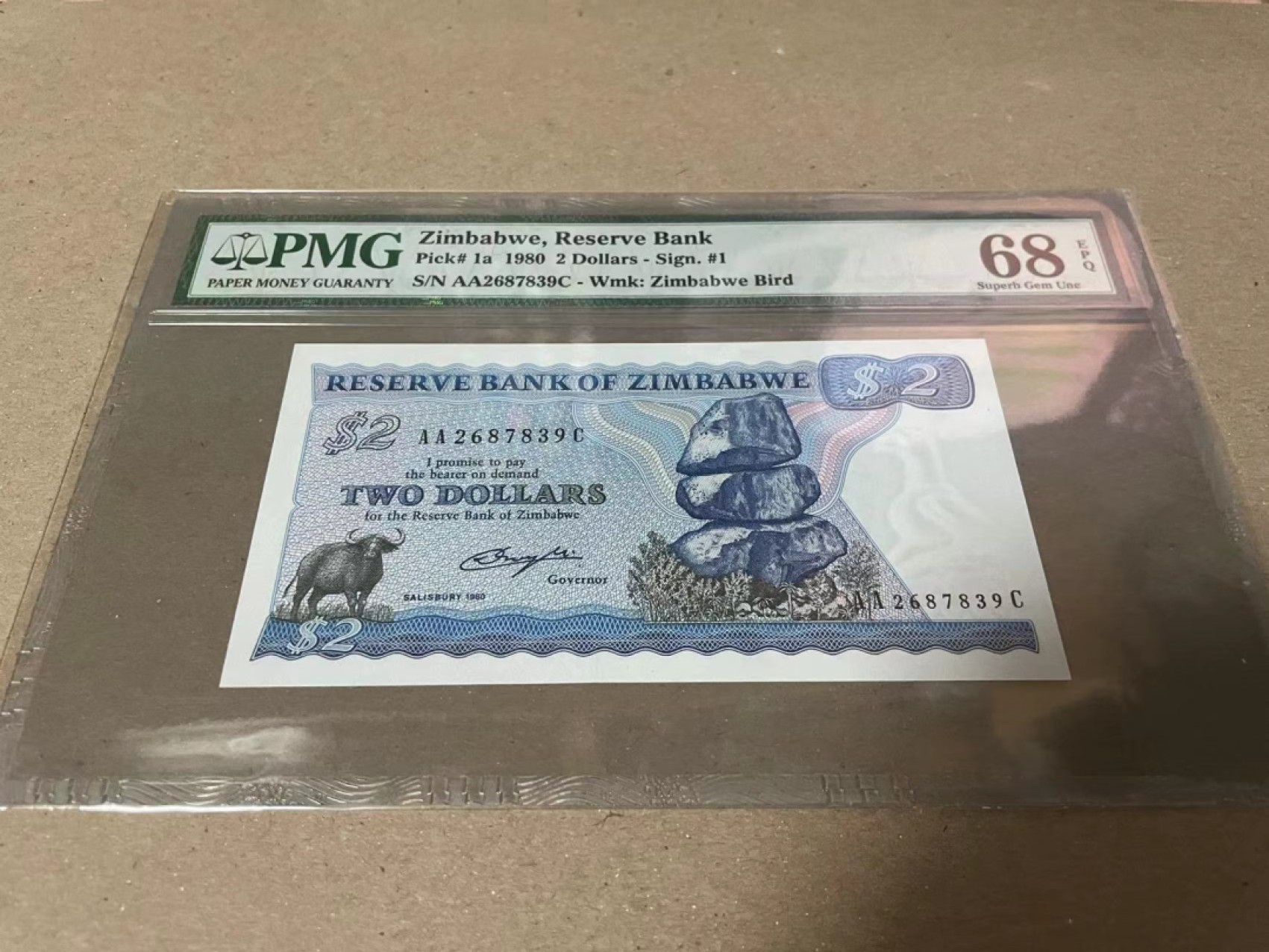 【Blue Auction】✨世界纸币精拍第182期——狮城巨轮（共78拍） 【AA冠 p1a】津巴布韦 1983年2元 PMG68EPQ 