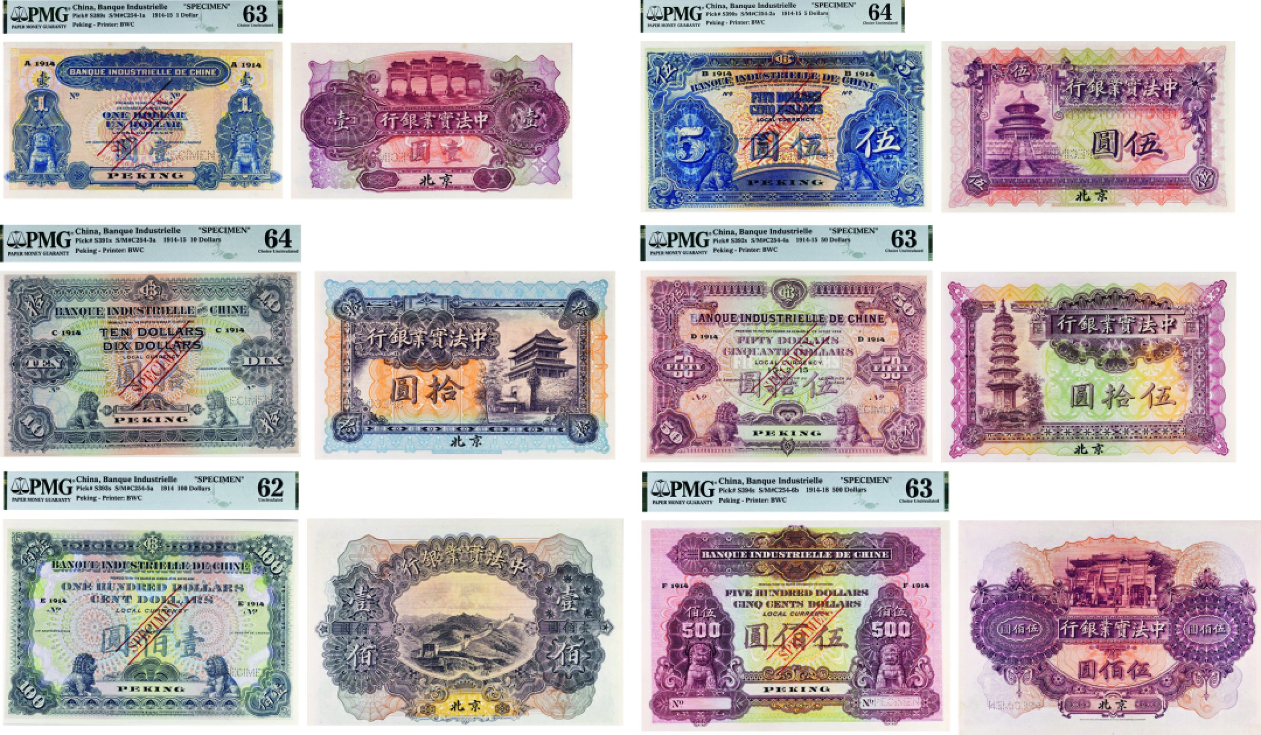 古韵弥香-南京三省2022春季拍卖会（现代金银币纸币专场） 1914年中法实业银行北京（壹元、伍元、拾元、伍拾元、壹佰元、伍佰元）样票