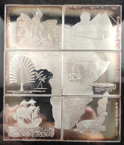 巴斯克收藏 世界硬币第10期 原装少见套币、纪念币专场 全场包邮 17/18/19号0元起三连拍 - 刚果1997年古代非洲矩形纪念银币6枚全套 带盒 非常精美 6枚1盎司