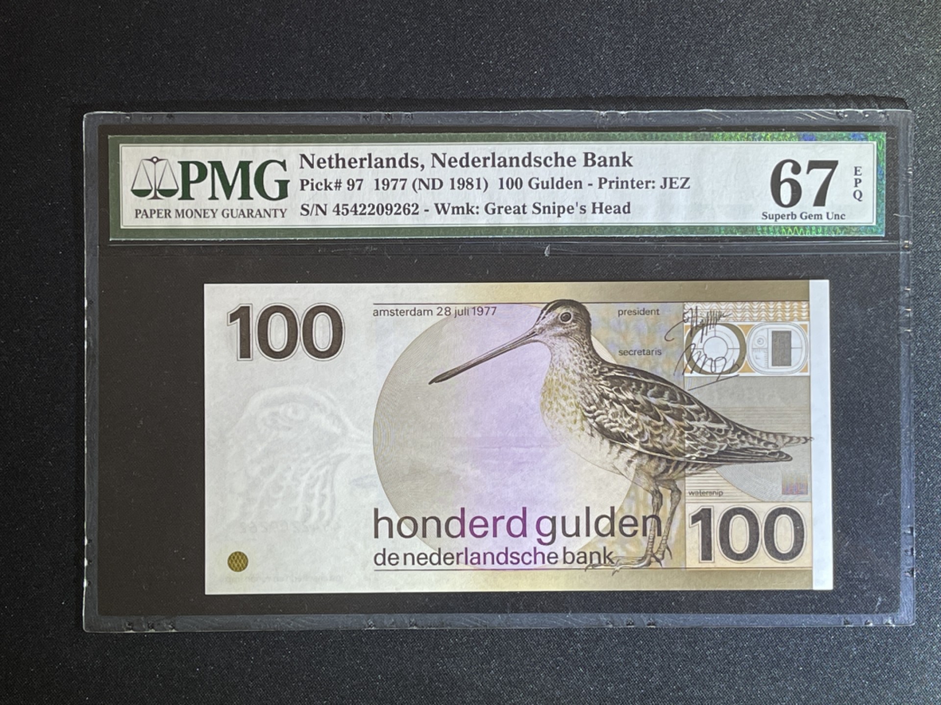 《张总收藏》58期——外币精品 荷兰100盾 PMG67E 1977年经典水鸟