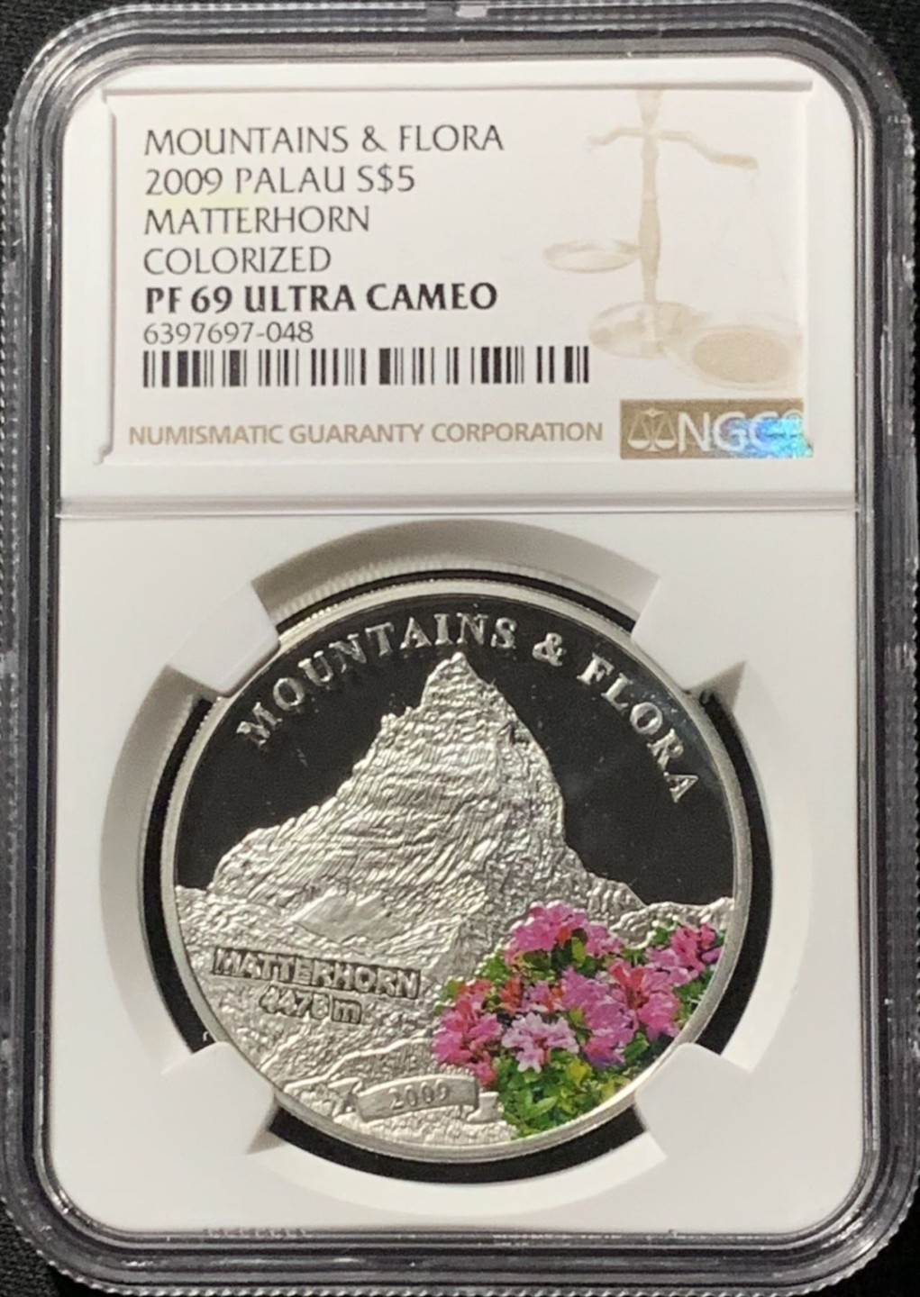 紫瑗钱币——第324期拍卖 帕劳 2009年 马特洪峰和粉花 5元 彩色银币 NGC PR69 UC