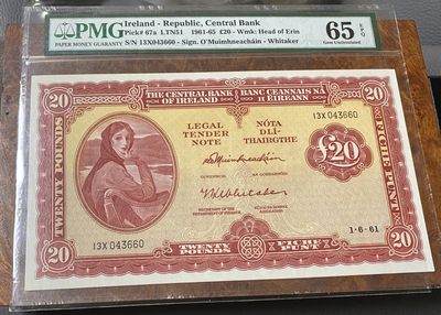 Chase Auction 第10期 - - 中外钱币、民国钞联拍！ - 1961年爱尔兰A序列20镑，PMG65分，a版冠军分！拉弗雷夫人！