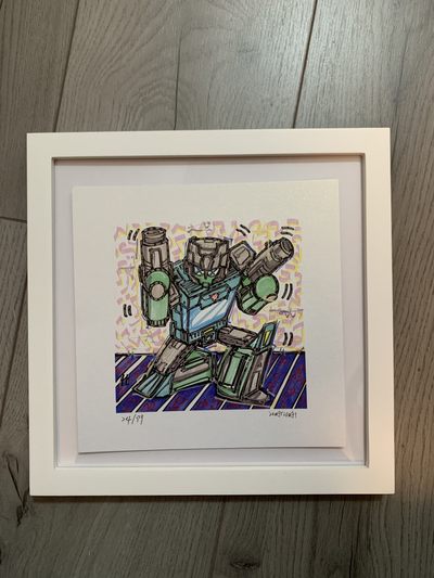 零元拍：歪歪亲笔签名 OWSON系列限量插画复制画《变形金刚系列：杯子》，尺寸约22/22厘米，拍品不含镜框 - 零元拍：歪歪亲笔签名 OWSON系列限量插画复制画《变形金刚系列：杯子》，尺寸约22/22厘米，拍品不含镜框