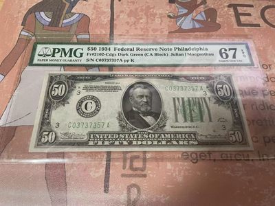 【Blue Auction】✨世界纸币精拍第182期——狮城巨轮（共78拍） - 【费城少见版本 冠军分】美国 早期 1934年50美金 PMG67EPQ 