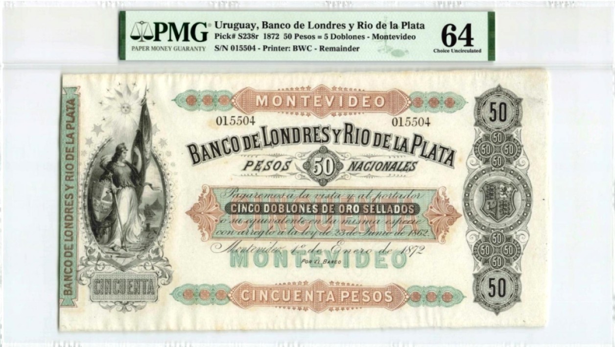 【Blue Auction】✨世界纸币精拍第183期——飞龙在天（共80拍） 【超大票幅】乌拉圭 早期 1872年50比索 BWC出品 雕刻精美 PMG64 保存不易