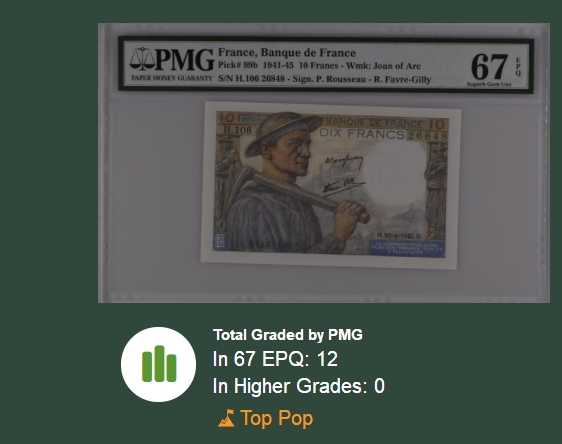 【Blue Auction】✨世界纸币精拍第183期——飞龙在天（共80拍） 【冠军分】法国 1941-45年10法郎 PMG67EPQ 高分 